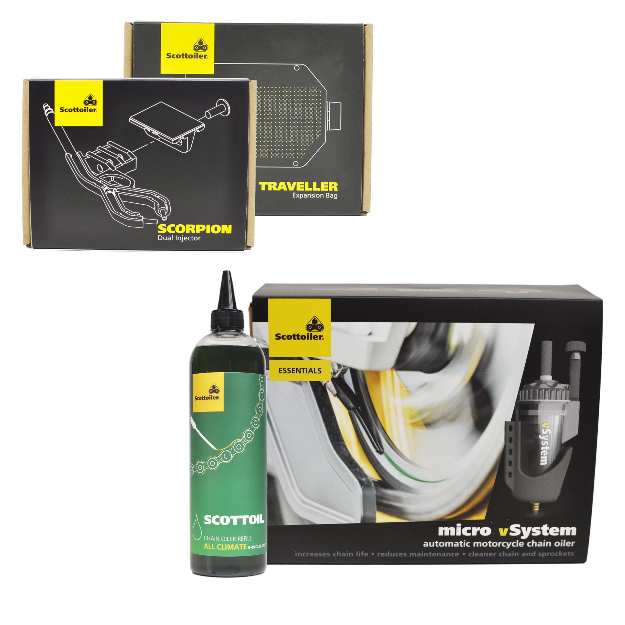 Scottoiler Bundle de Inicio Todo en Uno - Essentials Micro-vSystem, Bolsa de Expansión Traveller, Inyector Dual Scorpion y aceite de recarga Scottoil Verde All Climate 500ml…