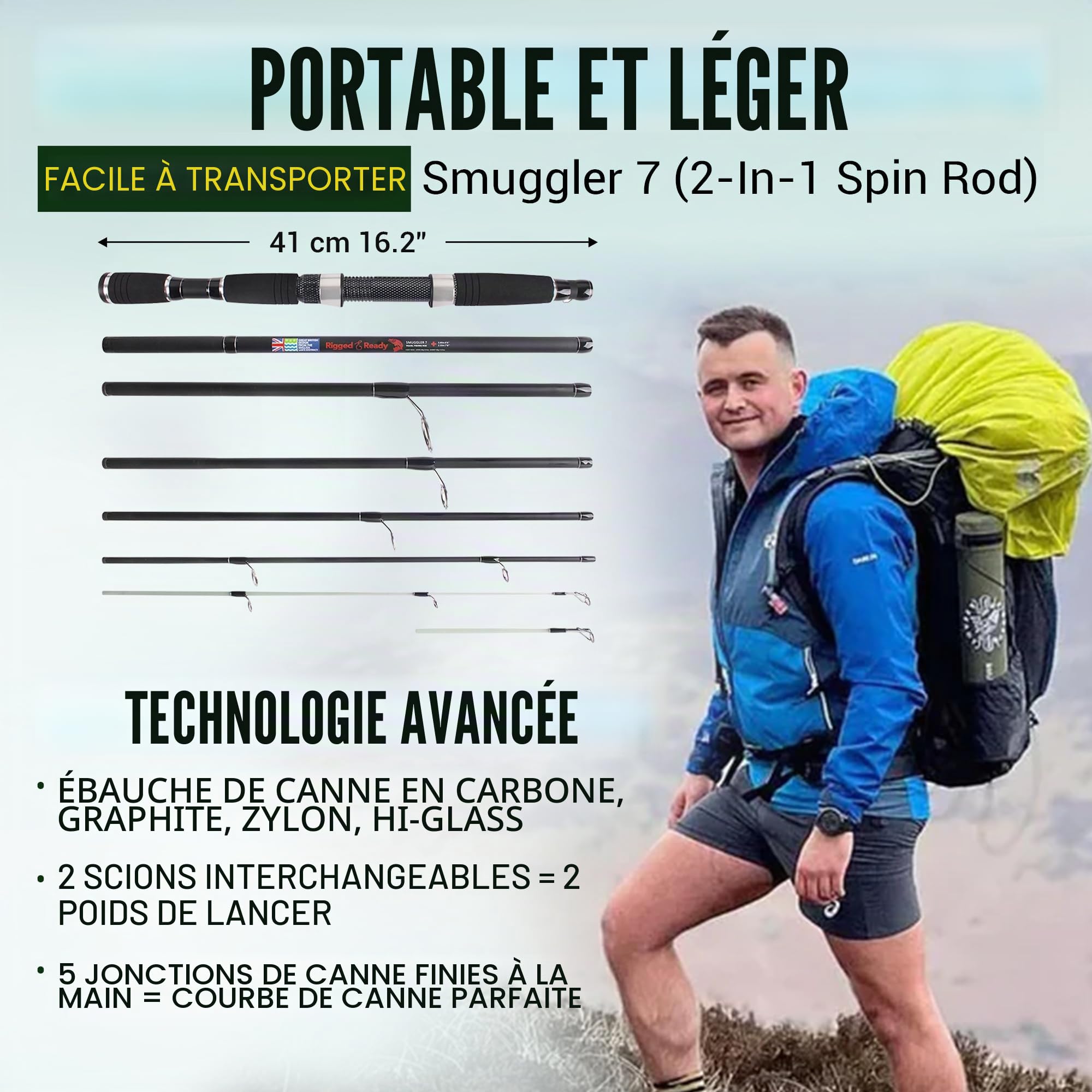 Rigged & Ready™, Canne À Pêche De Voyage Smuggler 7. Canne 7 Pièces, 260 cm & 235cm, Haute Performance, en Nano Carbone avec Embout Incassable, Canne À Pêche De Voyage Et Tube.