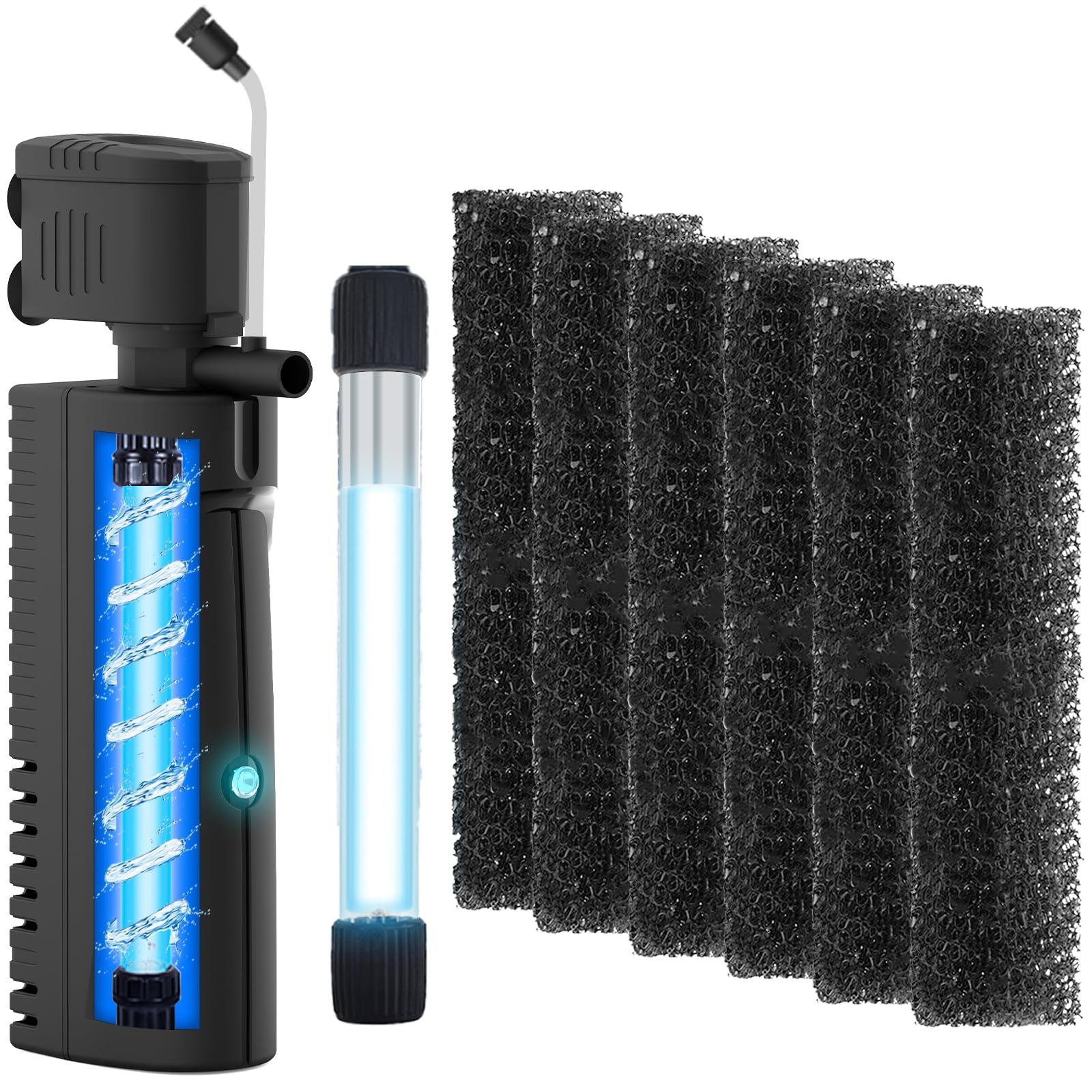 225GPH Aquarium Filter with 6 x Replacement Filter Sponge & 1 x 5W Replacement Light Bulb