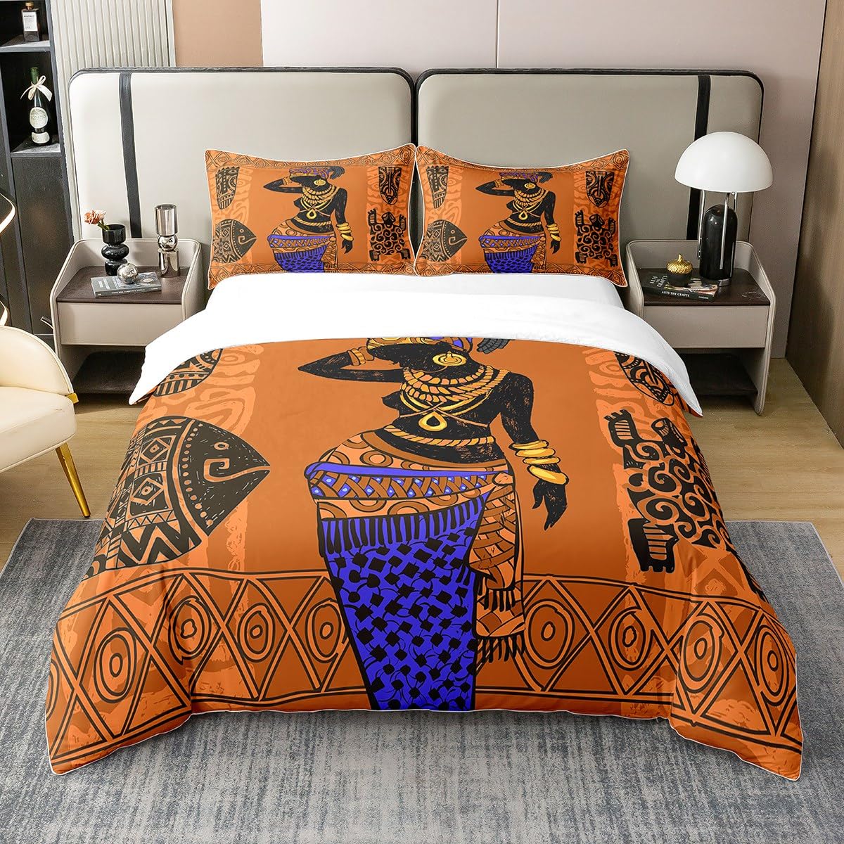 African Woman Themed 100% Cotton Duvet Cover King Size African Pattern Bedding Duvet Cover Set Ethnic Afro Decor Curtain Traditional Exotic Style Comforter Cover Set Orange Black Bedspread Cover โ image 1