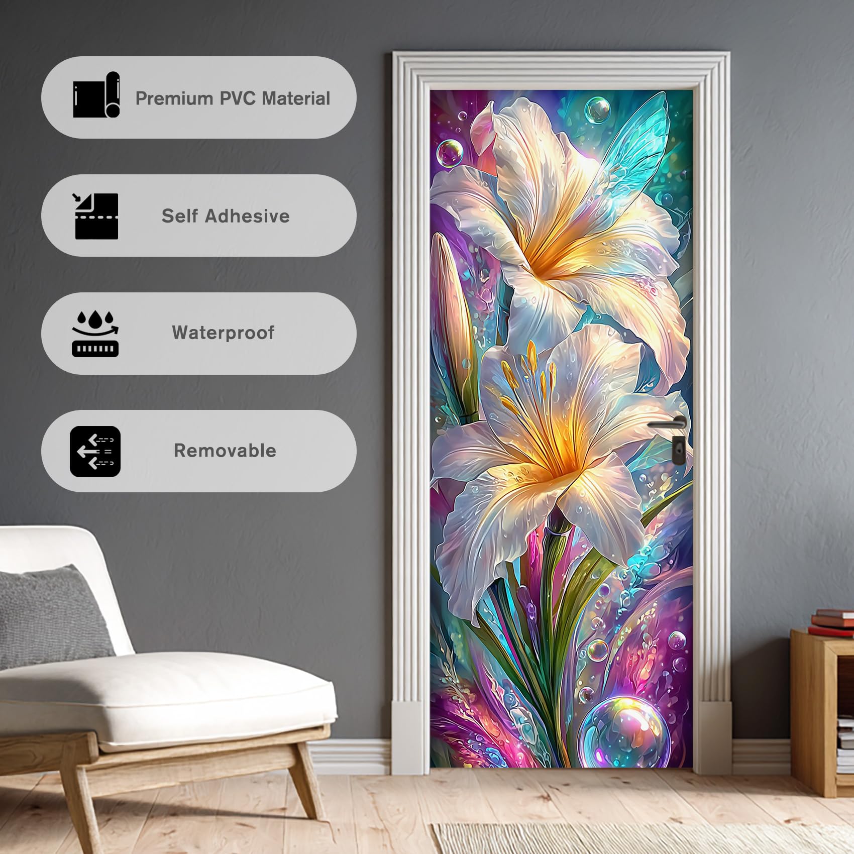 Blumenmuster Türtapete Selbstklebend 90x200, Blumen 3D Türbilder Türfolie Türposter Türaufkleber Selbstklebende PVC, Türdeko Blumenmuster,(ST0294)