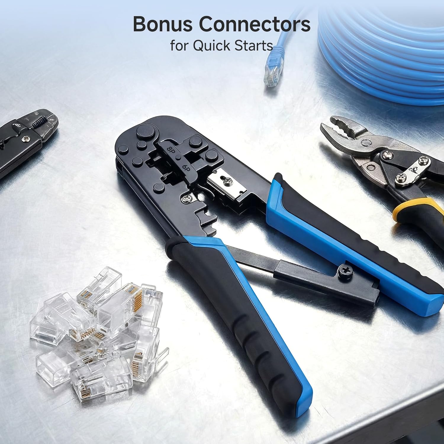Cable Matters Modular RJ45 Crimp Tool (Ethernet Crimper) with Built-in Wire Cutter and Stripper - 10-Pack Cat6 RJ45 Connectors Included