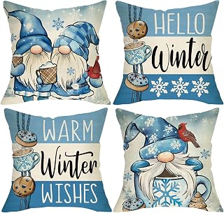 Hello Winter Gnome Blue Decorative Throw Pillow Covers | 18 x 18 Set of 4, Warm Winter Wishes Coffee Cookie Porch Outdoor Home Decor, Christmas Snowflake Cardinal Birds Sofa Couch