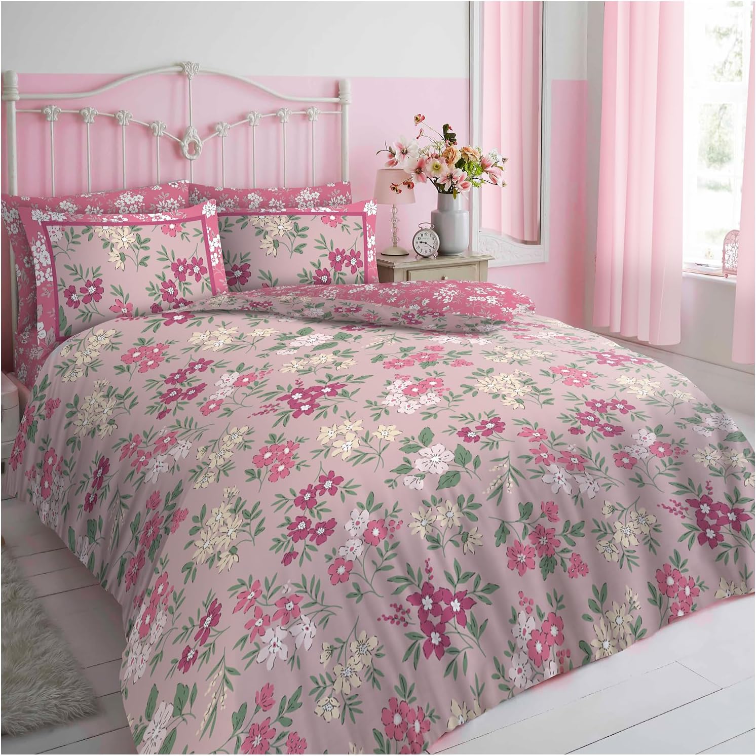 GC GAVENO CAVAILIAFloral Single Duvet Cover Set (150x200cm) - Polycotton Single Bedding Quilt Cover Reversible - Machine Washable (1 Duvet Cover + 1 Pillowcase) - Pink