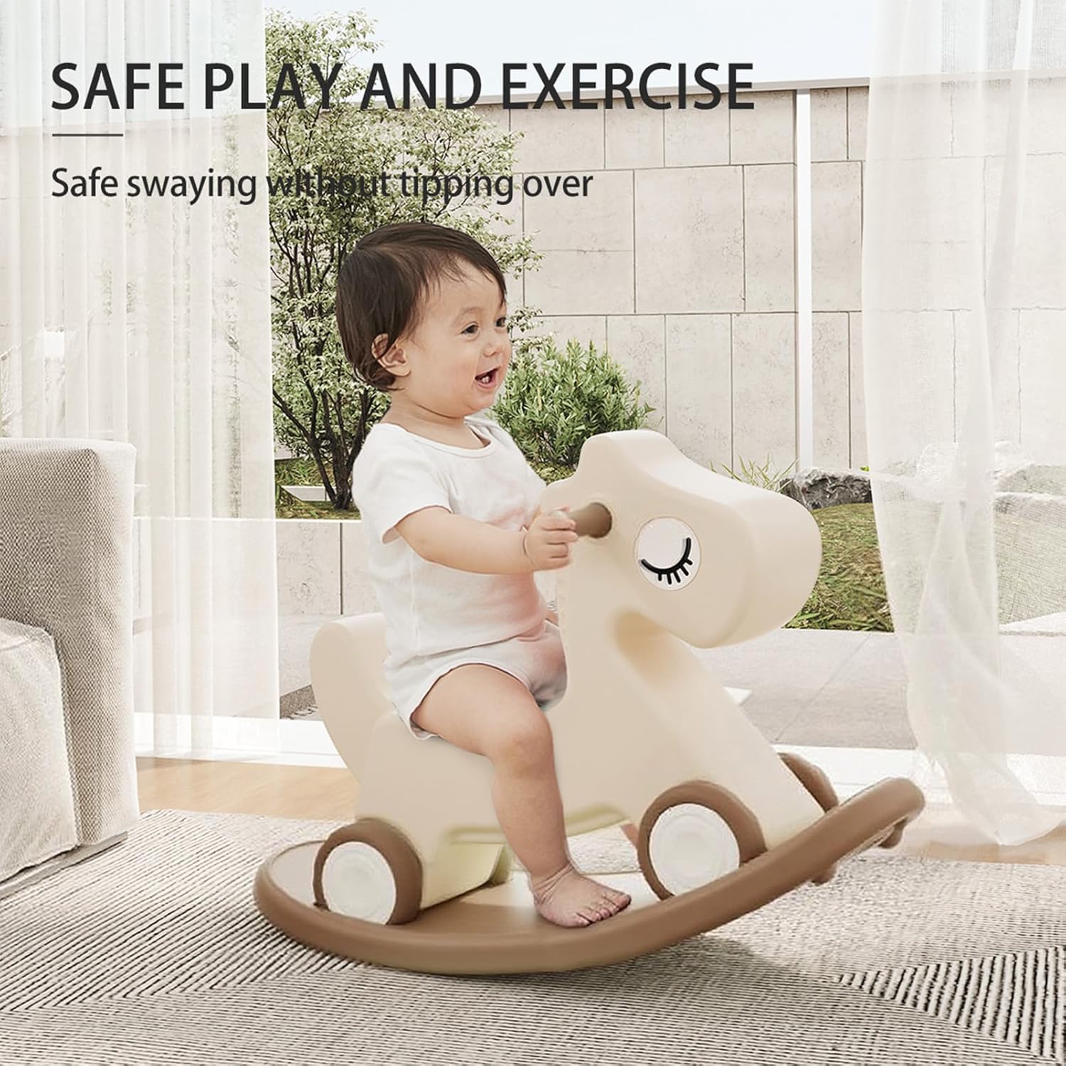 4 in 1 Rocking Horse for Toddlers 1-3, Baby Ride On Toys with Balance Board & Push Handle, Convertible Push Car, Birthday Gift for 1 Year Old Boys Girls (Tan)