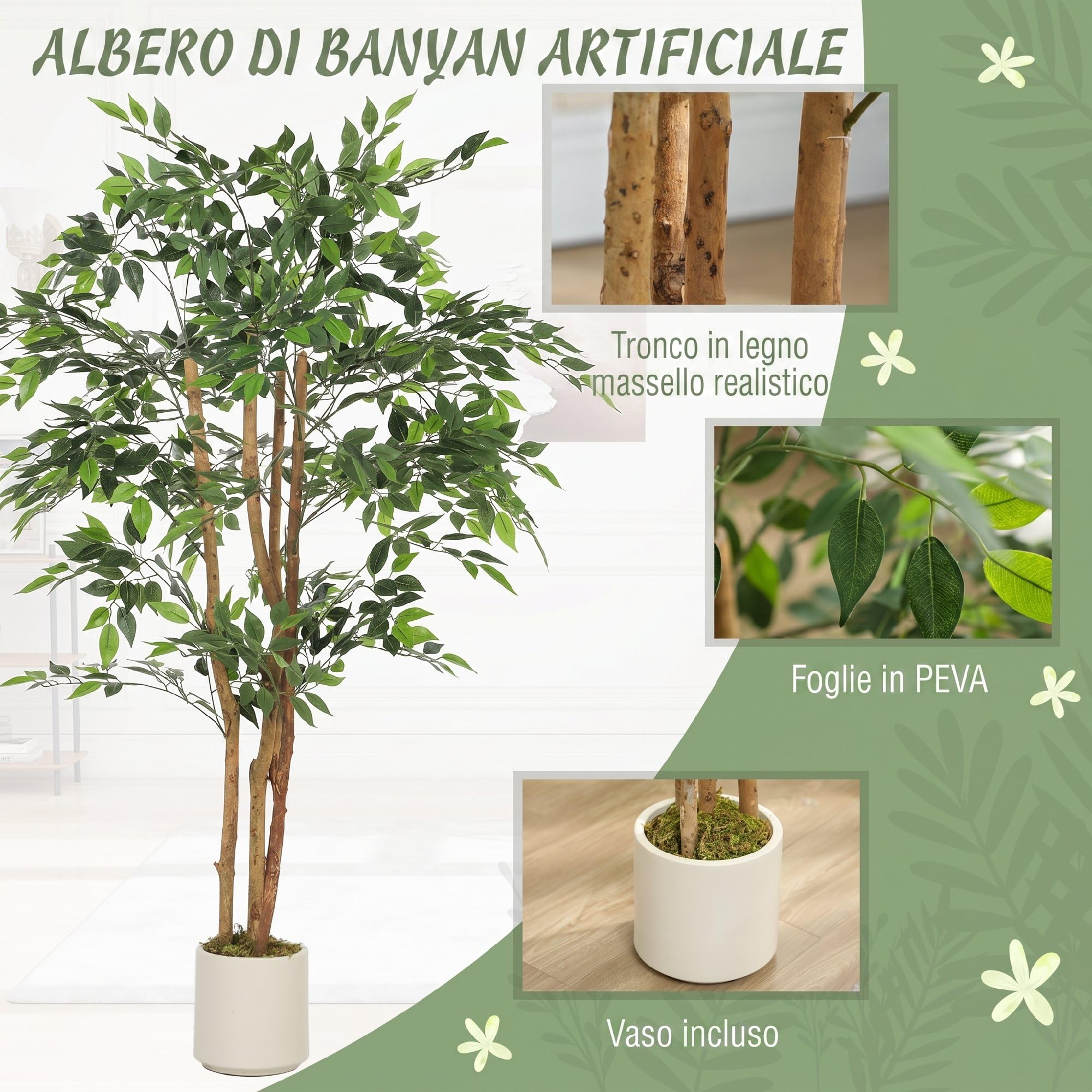 HOMCOM Pianta Artificiale di Baniano con Rami Orientabili e Vaso Contenitore Bianco in PP e Cemento, Pianta Verde in PEVA e Legno, per Interno, Ufficio, Soggiorno, Camera da Letto, 65x65x150 cm