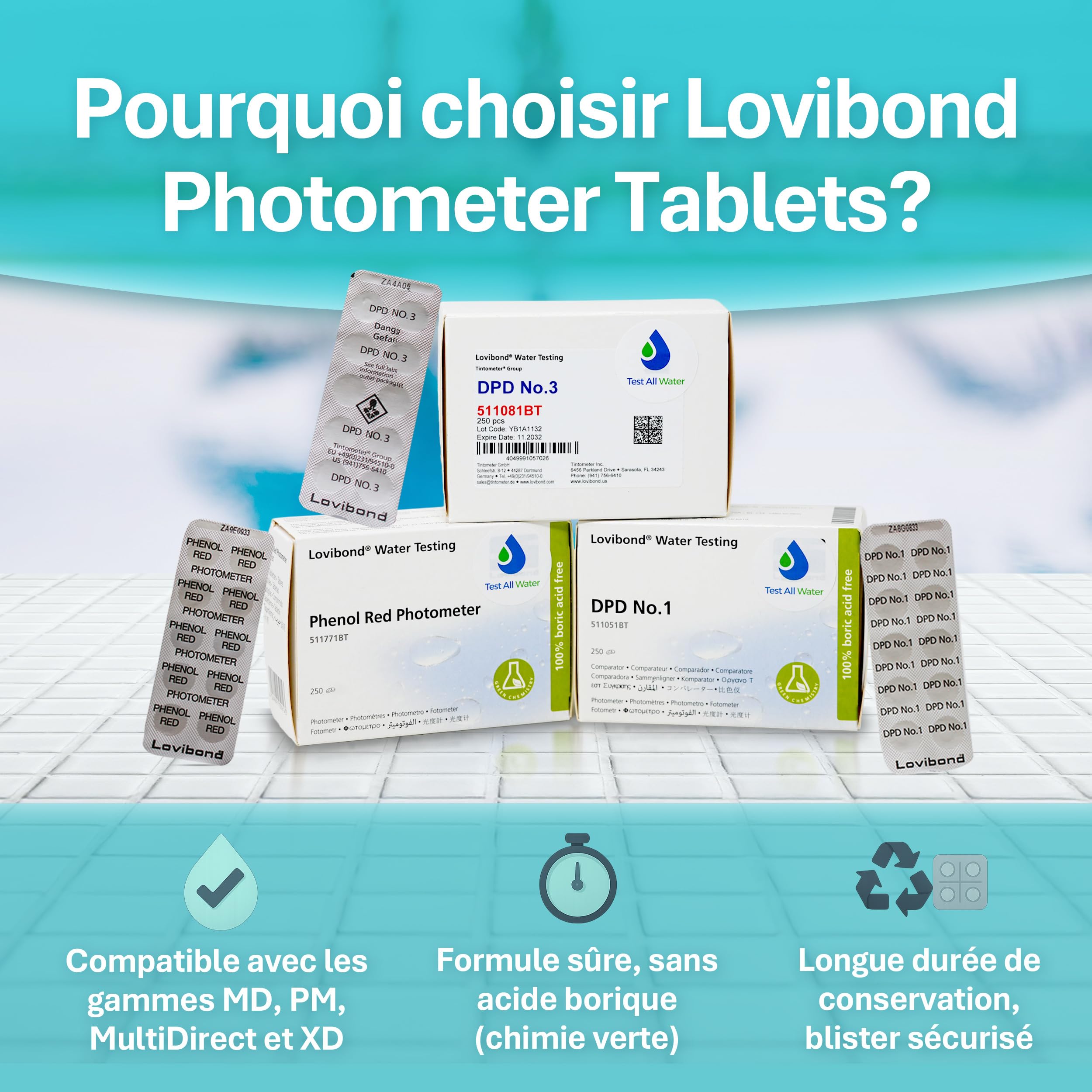 Lovibond DPD No.1, DPD No.3 et pH 250 comprimés