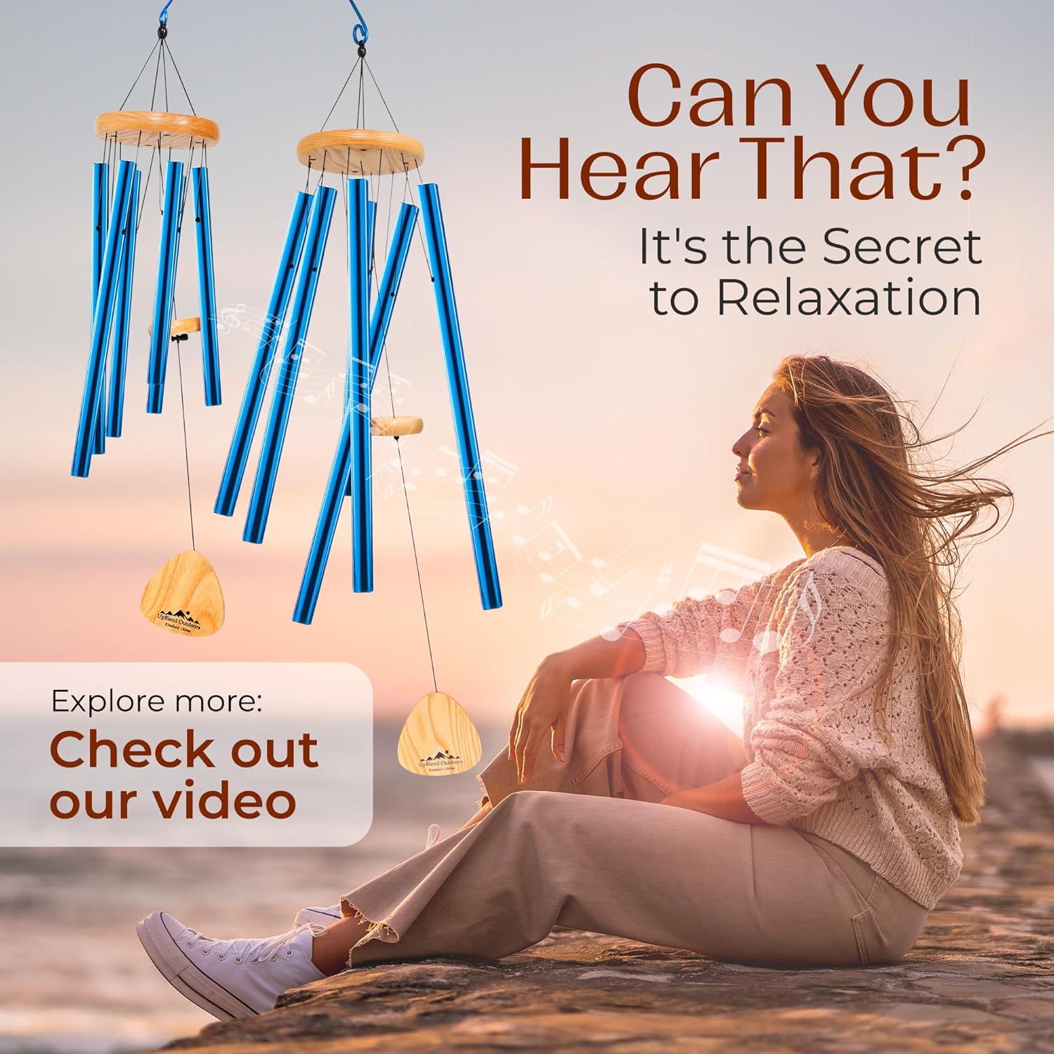 UpBlend XL Wind Chimes for Outside Gift – Deep Tone Wind Chime with Decorative Stone – Garden and Patio Décor for Porch or Yard, Elegant Outdoor Ornament, Meaningful Gift for Neighbors. 41” Blue.