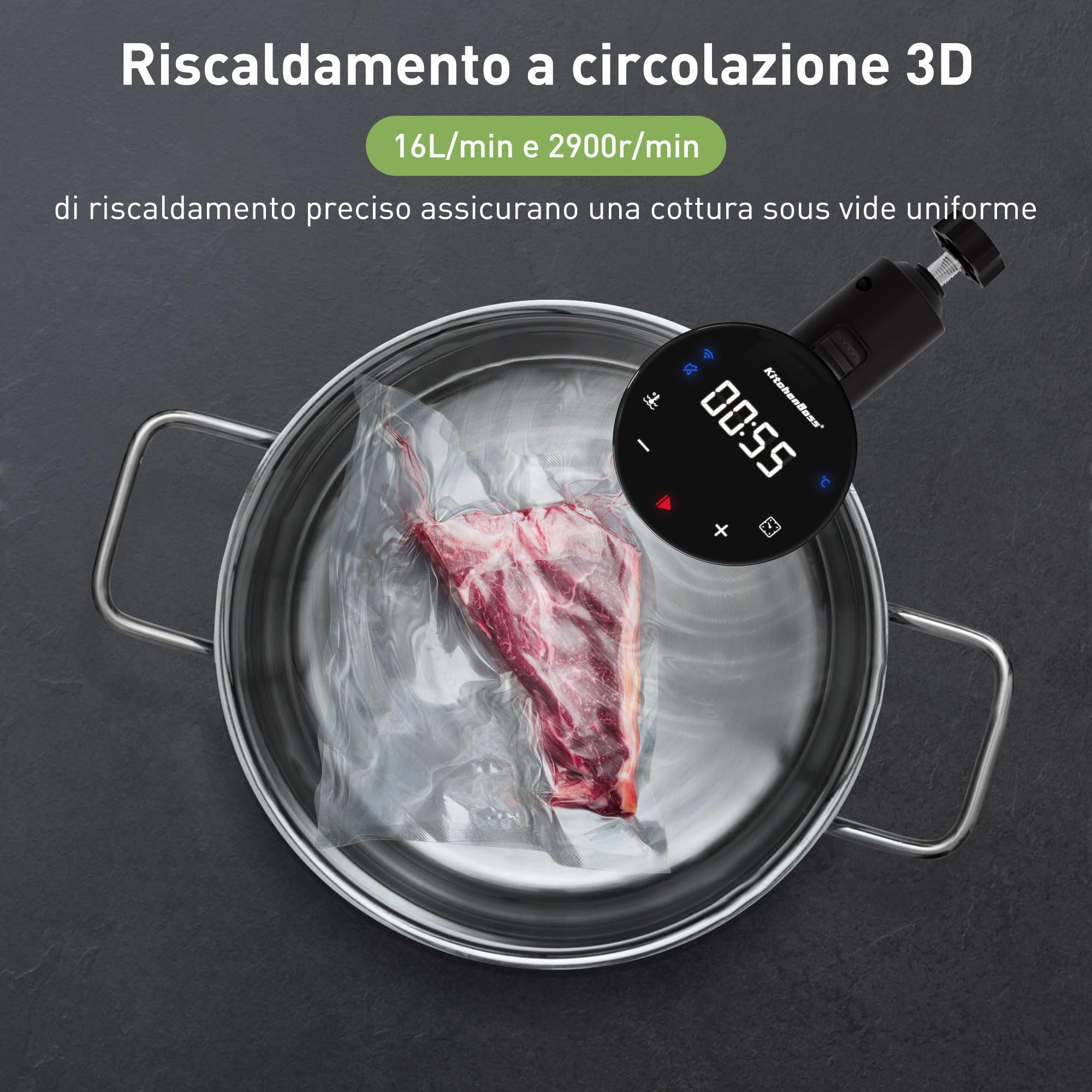 KitchenBoss Roner Sous Vide 1100W Wi-Fi LED Circolatore di Immersione Temperatura Controllo Remoto