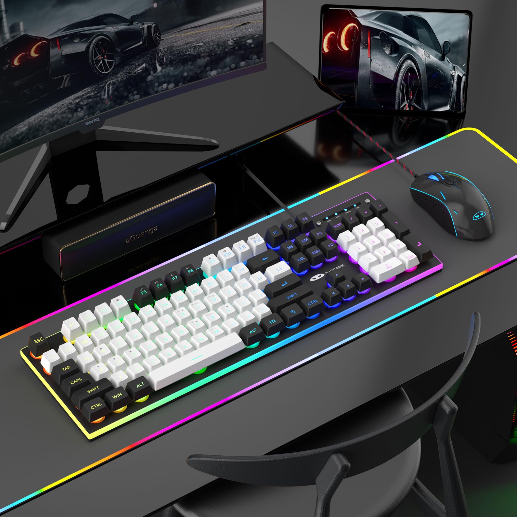 MageGee Tastiera e mouse da gioco, tastiera da ufficio con membrana retroilluminata True RGB, pannello metallico a 104 tasti, tastiera cablata silenziosa USB per PC portatili Windows, bianco/nero