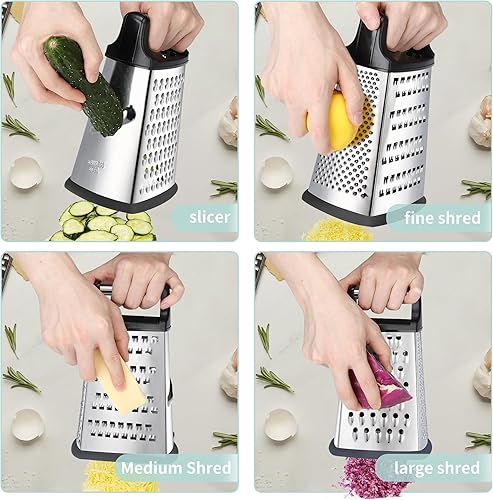 Miniatura 3 de Kaishun Rallador profesional de queso, rallador de caja de acero inoxidable de 4 caras, triturador de alimentos para queso, parmesano, verduras,