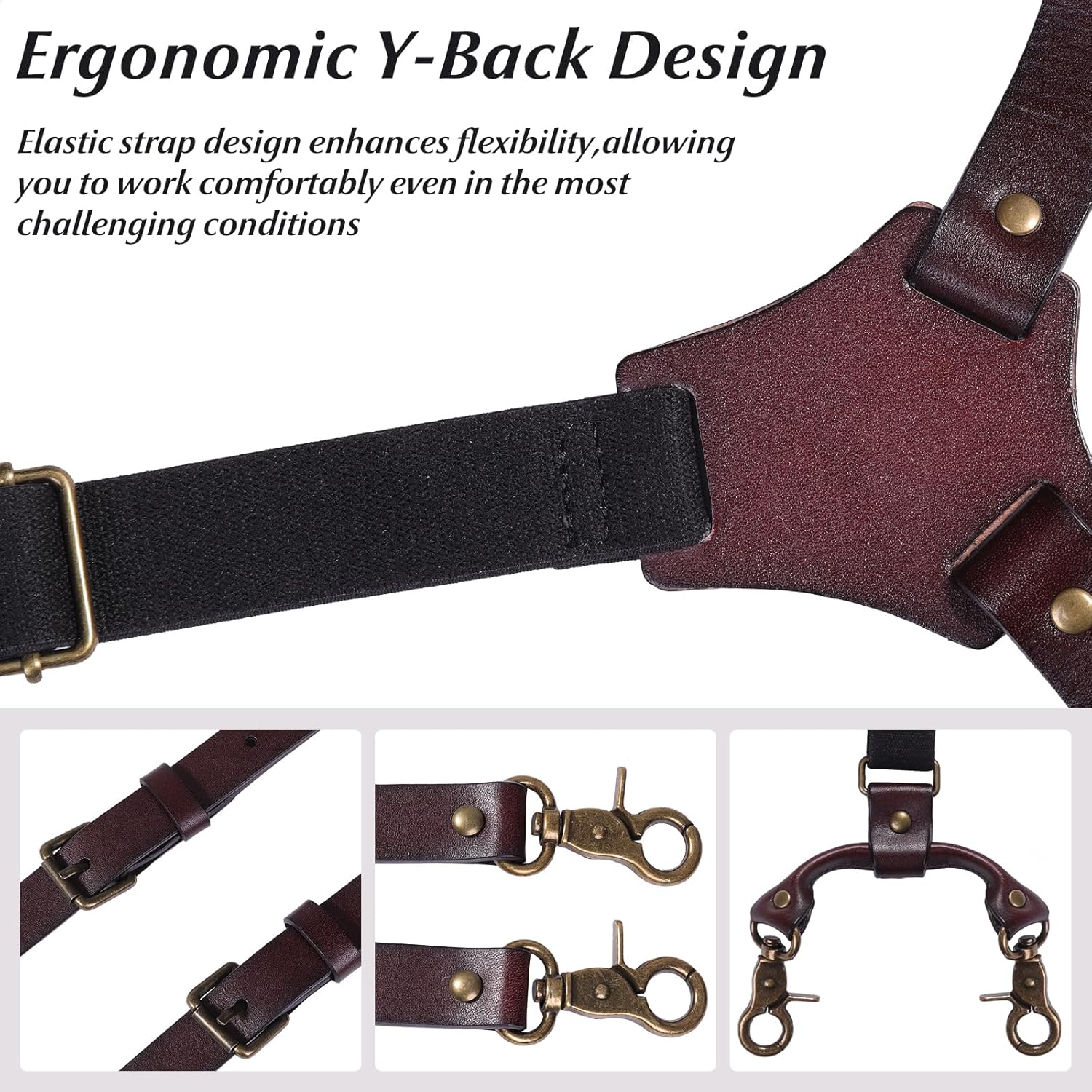 Genuine Leather Suspenders for Men, Heavy Duty Y Back Design Adjustable Suspender with Elastic Straps,Vintage Mens Suspenders Braces, Groomsmen Gift Wedding,2 Types of Back Metal Clips, Brown - Image 4