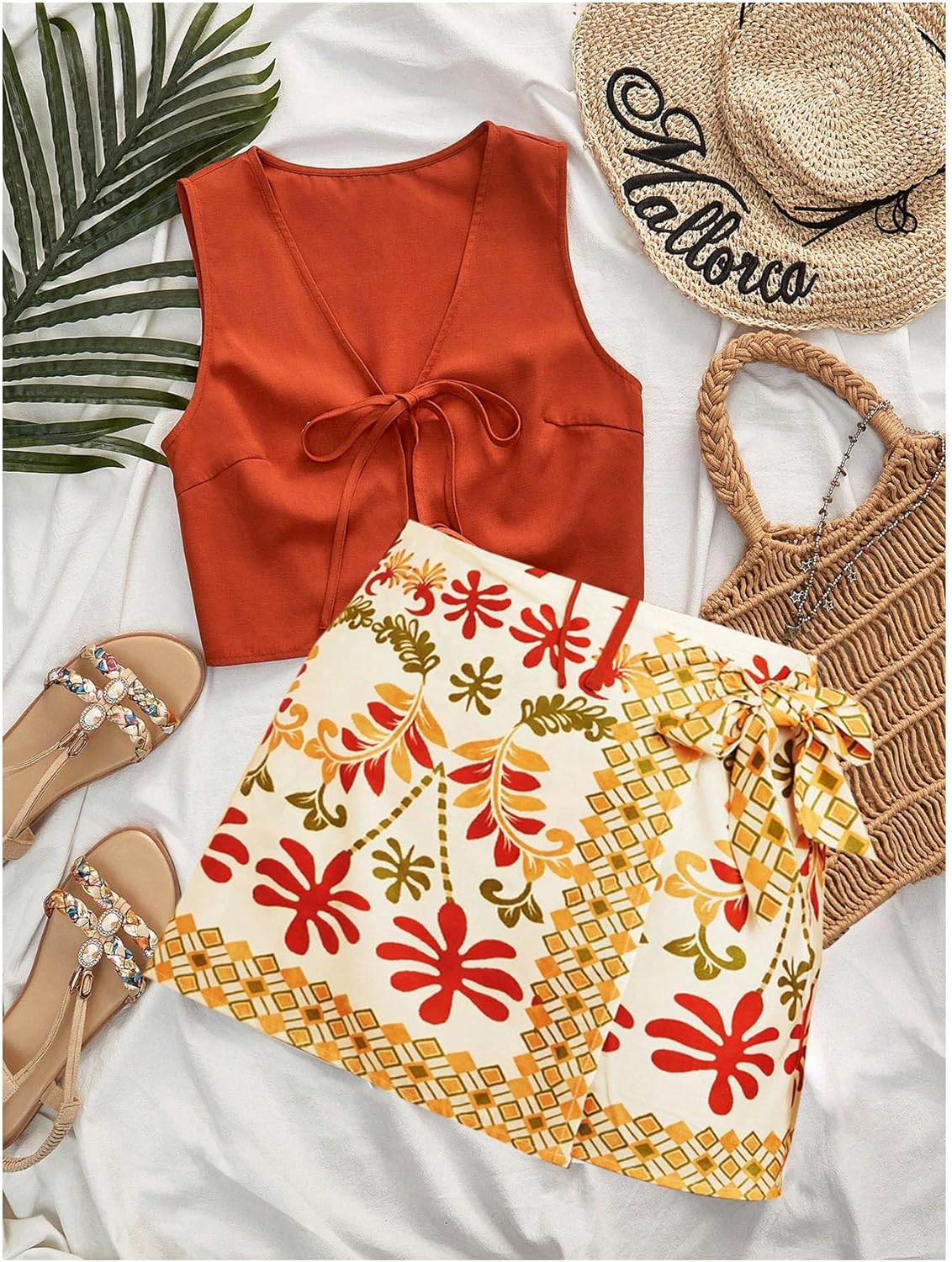 MakeMeChic Women's 2 Piece Summer Set Beach Vacation Outfits Tie Front Tops and Wrap Skirt Set - Image 5