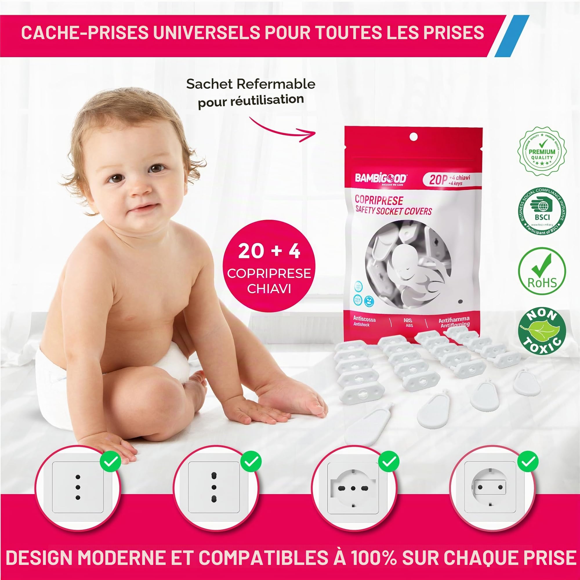 20+4 Cache Prise Bébé Electrique - Caches Prises Murale Universal 10/16A, Schuko pour Sécurité Domestique, Cache Protection Prise Electrique Bebe, Protege Prise pour Securite Enfant (Blanc)