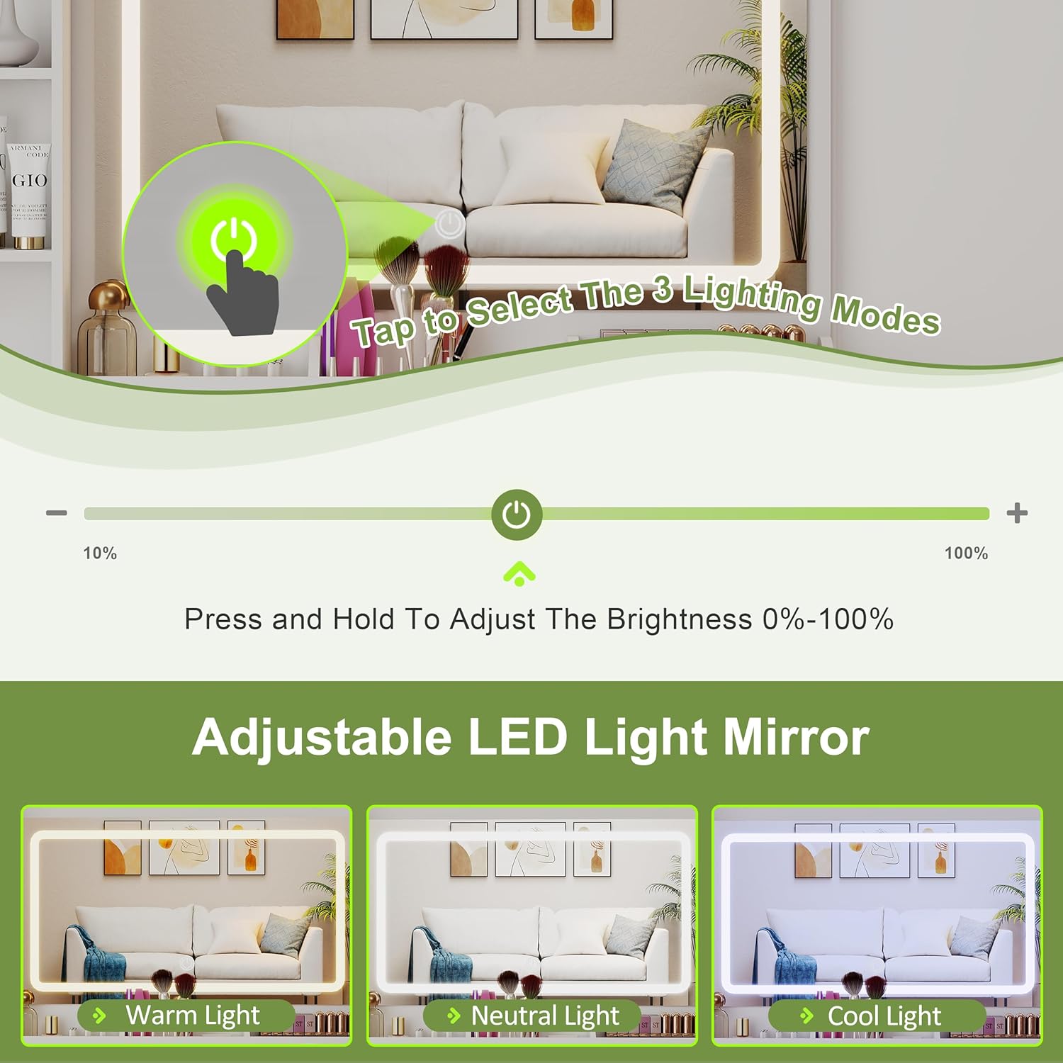 GOODONE 47'' Wood Vanity Desk with Mirror and Lights, Makeup Girls Vanity Set with 2 Drawers, 2 Storage Shelves & 1 Cabinet, Power Outlet, Stool, Dressing Table for Bedroom, White