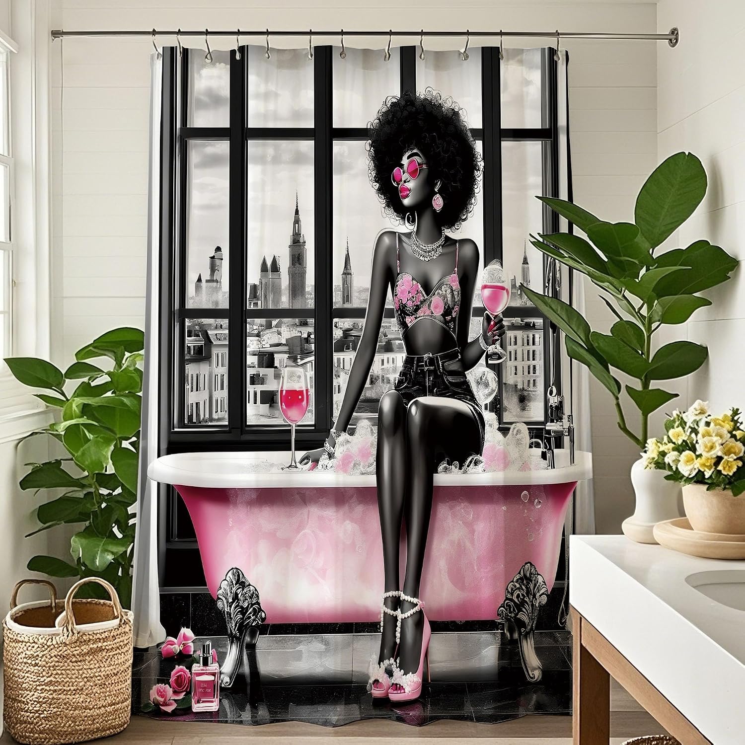 African American Women Shower Curtains White and Black Girl Pink Afro