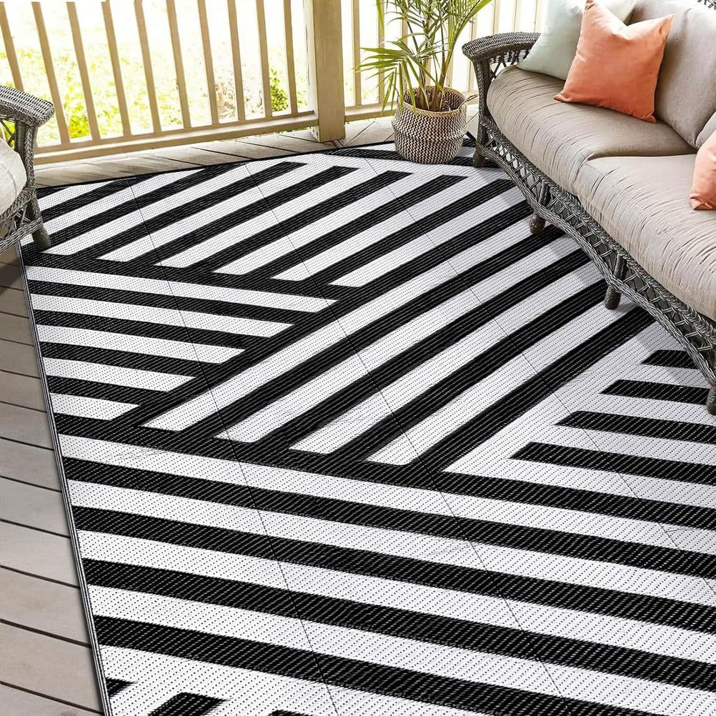 Tapis de Jardin Rayés Noir et Blanc 150x240cm Tapis Exterieur Terrasse Pliable,Tapis Tressé en Paille en Plastique Recyclé,Tapis Extérieur Réversible pour Balcon,Camping,Patio,Plage,Pique-Nique