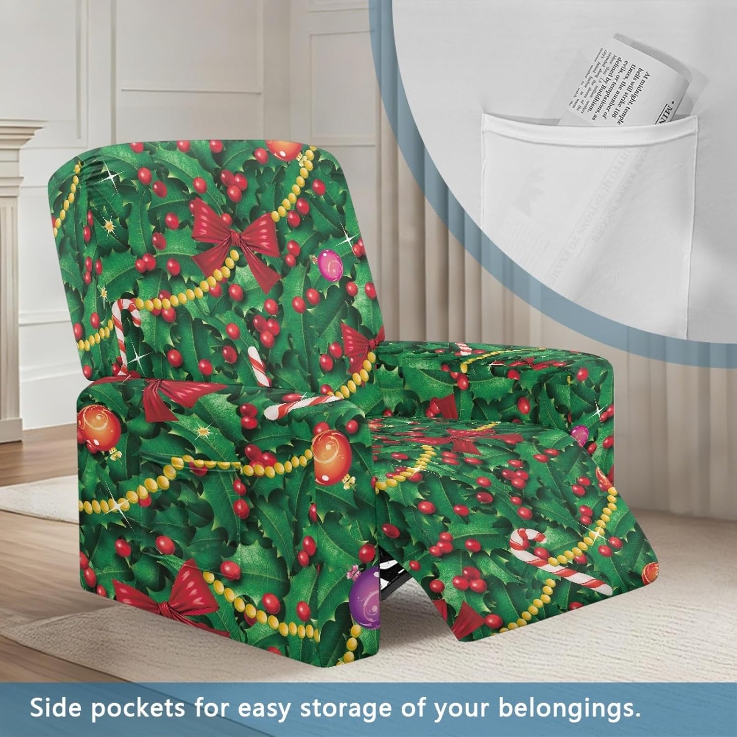 Christmas Tree Recliner Couch Covers Holly Hortensia Stretch Slipcovers Xmas Green Red Bow Furniture Protector 4 Pieces Lazy Boy Recliner Chair Covers with Elastic Bottom for Dog Kids