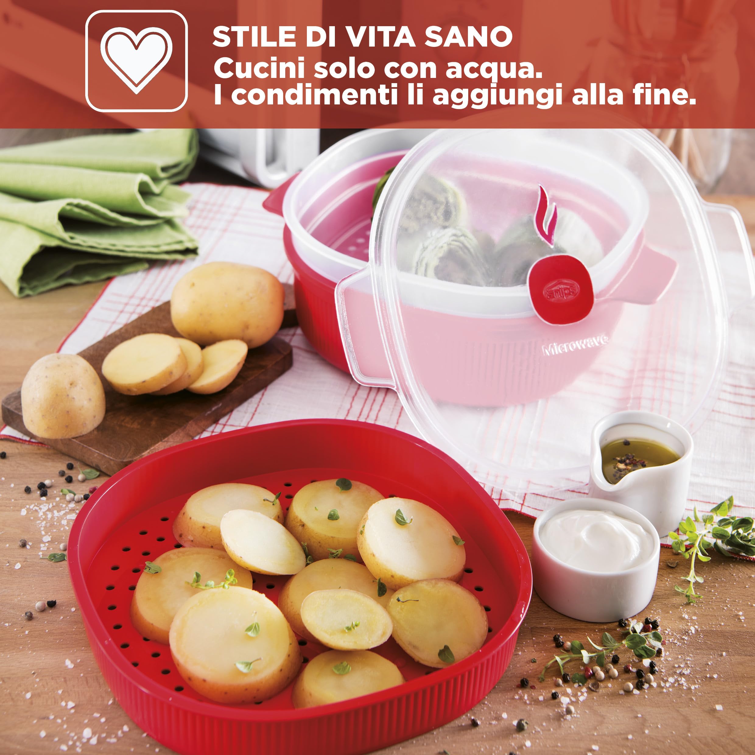 Snips - Vaporiera Microonde Rossa 4L con 2 Vassoi Sovrapponibili per Doppia Cottura a Vapore, Contenitori per Alimenti - Contenitore per Microonde, 26.5x22x13.5 cm, Made in Italy