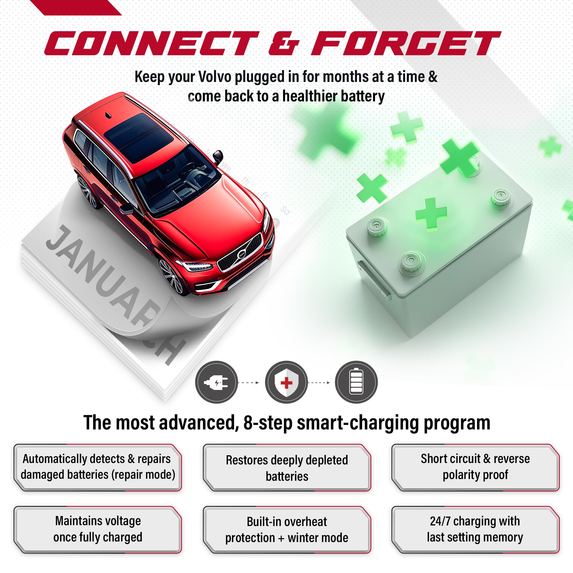 JMR Battery Charger for Volvo XC90 XC60 V60 S90 S60 V90 S80 XC70 XC40 C70 V70 V50 S40 C30 All Models Trickle Charger Conditioner Maintainer (Add Lithium Mode)