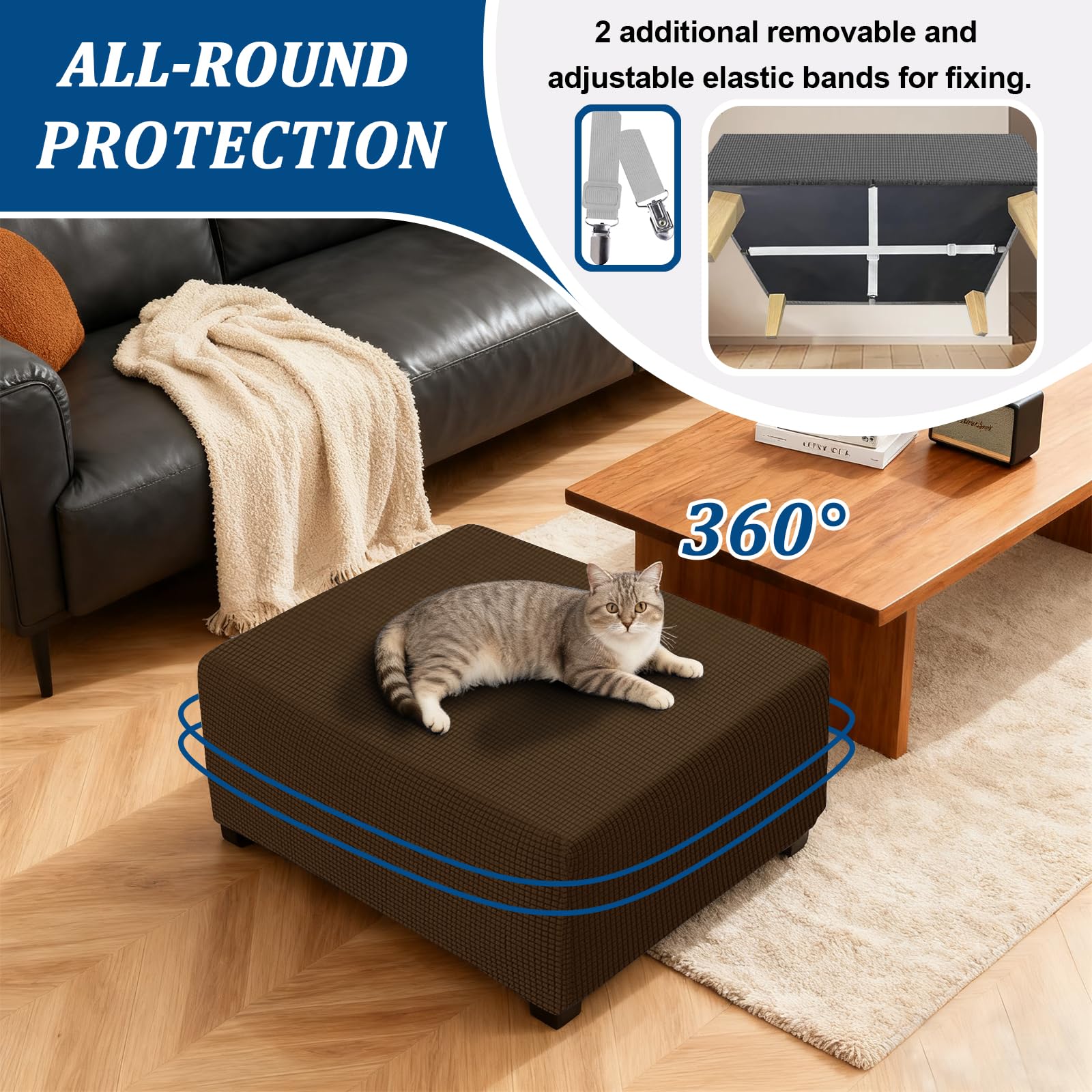 Funda Reposapiés en Jacquard Cuadrado/Rectangular, Cubierta Otomana Sofá Protector Extensible Funda de Puf Taburete con 2 Correas (Caramel,1pc Rectangle L)