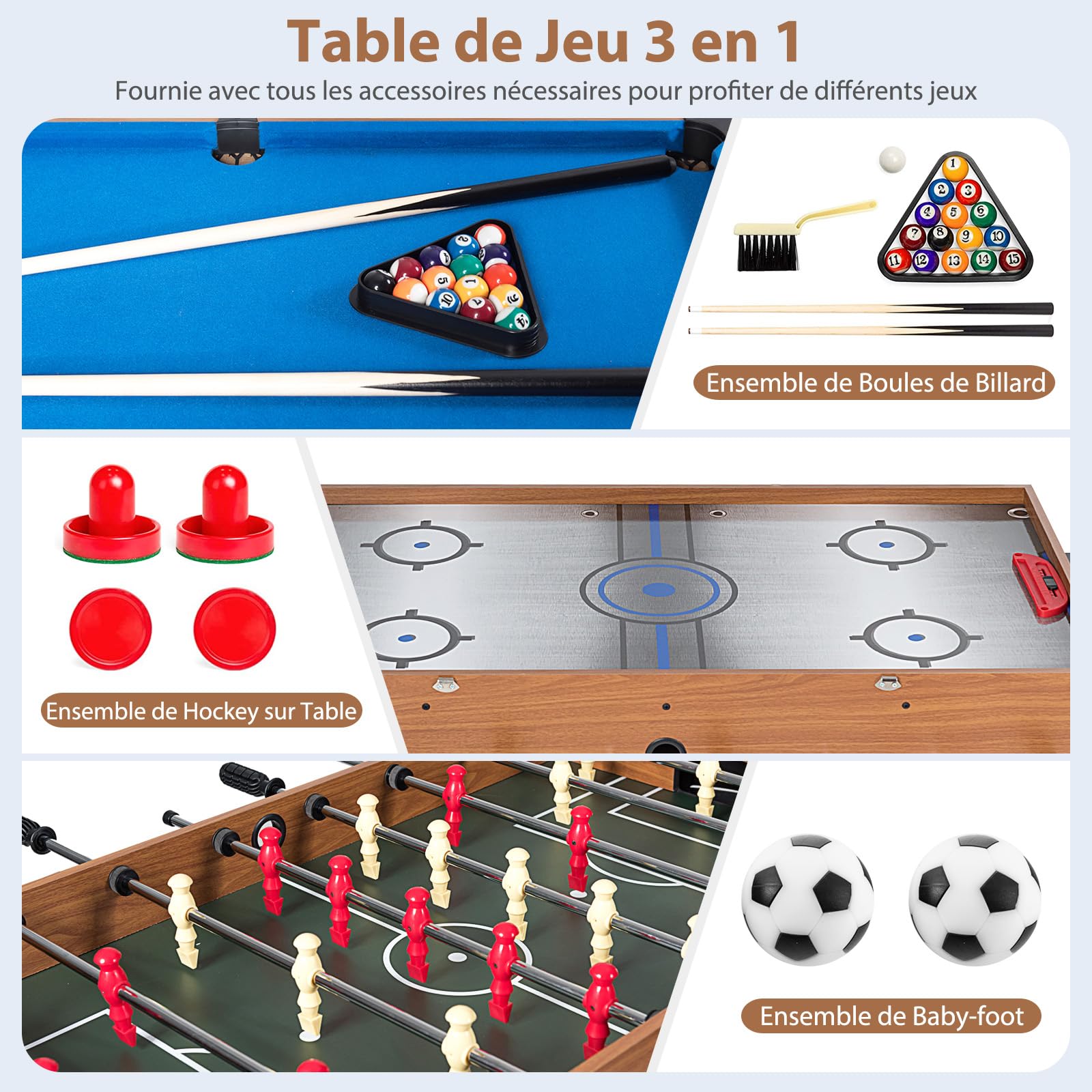 DREAMADE Table de Jeu Combo 3-en-1, Table de Billard Multi-Jeux avec Baby-Foot, Air Hockey et Billard, Jeux d'Arcade de Sport de 48" avec Accessoires pour la Maison, Salle de Jeux, Salle de Loisirs