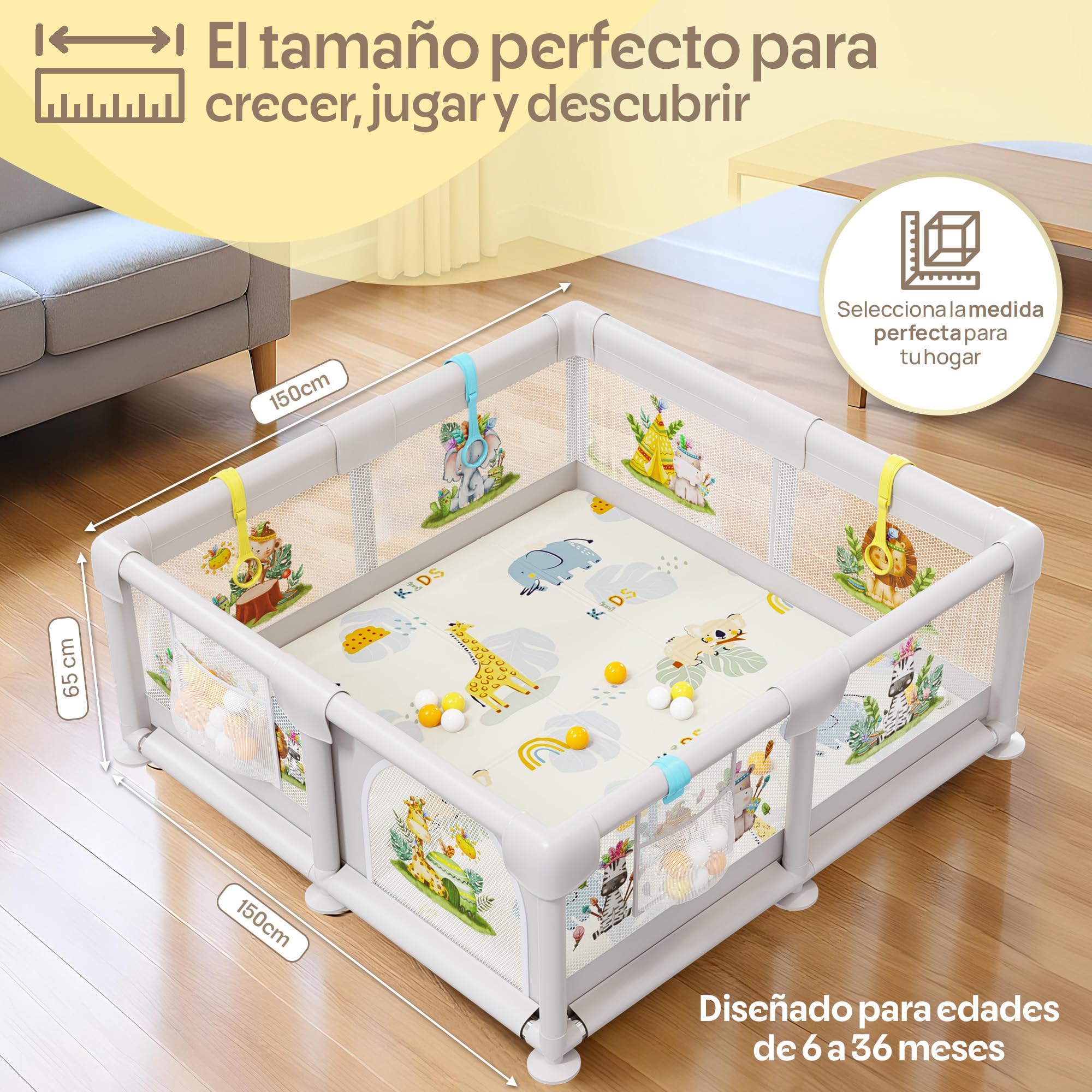 Parque Infantil Bebé 150x150cm con Malla Ilustrada y Esterilla Reversible – Corralito Acolchado Seguro, Libro Sensorial, Bolas y Agarraderas | AKERAQ