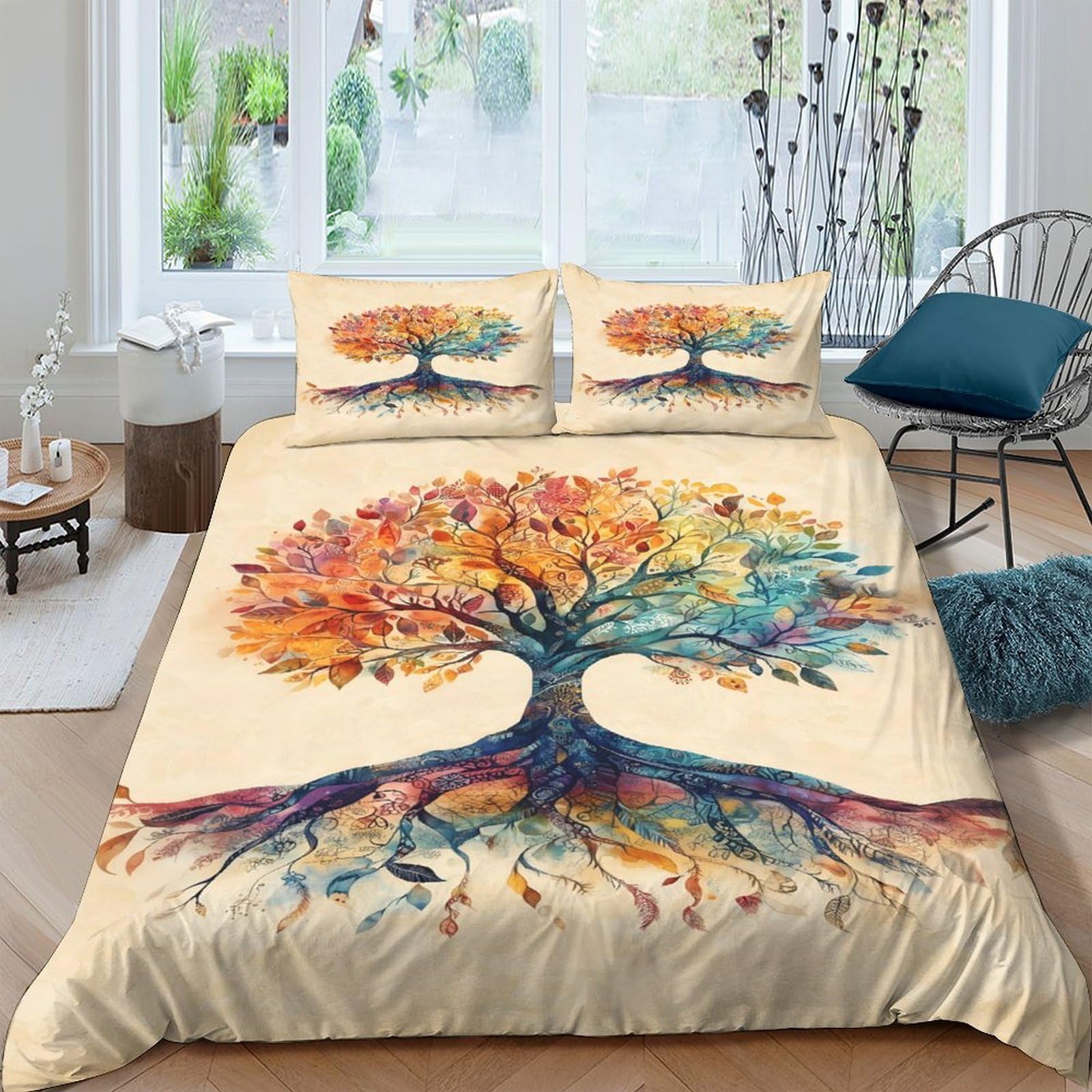 Ctjqhvkz Style-6 3D Printed Colorful Tree Of Life Fitted Sheet Microfiber Soft Autumn Roots Bed Cover For Bedroom Guest Room Décor Single（135X200cm）