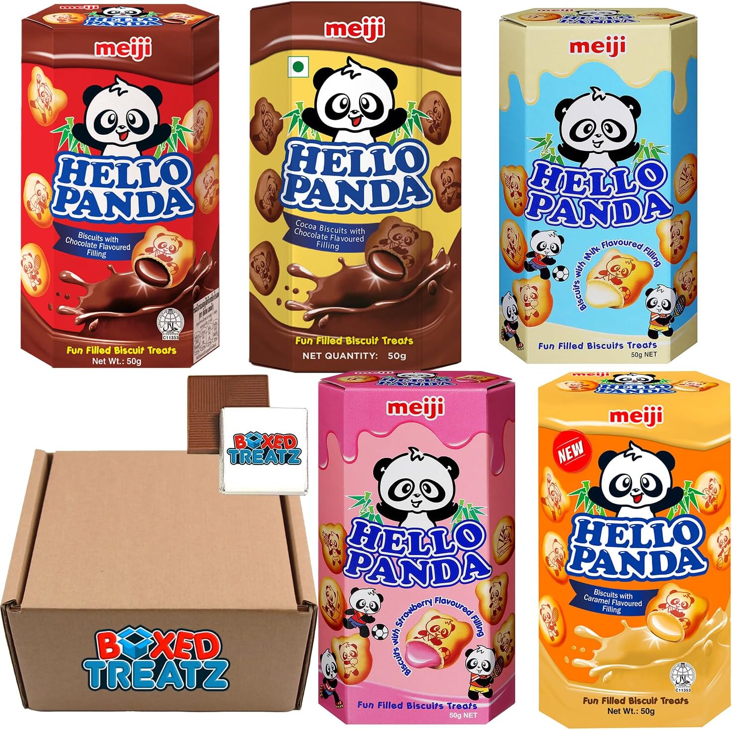 Hello Panda Assorted Flavors 50g x 10 - Includes Strawberry, Chocolate, Milk, Caramel, and Cocoa - 2 Packs Each Boxed Treatz