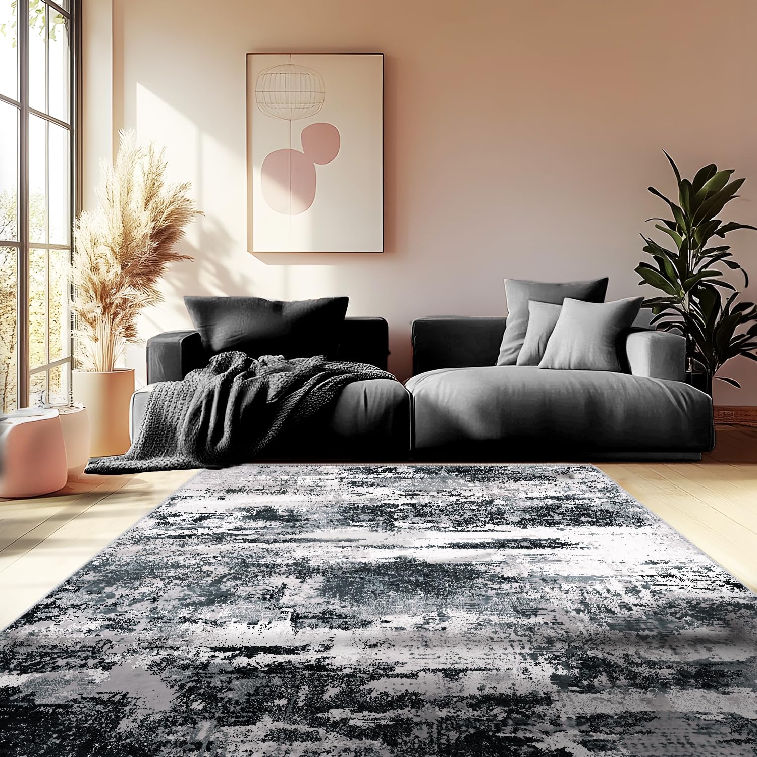 MAST DOO Teppich Wohnzimmer Waschbarer, Moderner Kurzflor Teppich Großer, Abstrakte Schlafzimmer Teppiche Waschbar rutschfest Design für Esszimmer Büro Bereich Dekor Schwarz Weiss Größe 140x200cm