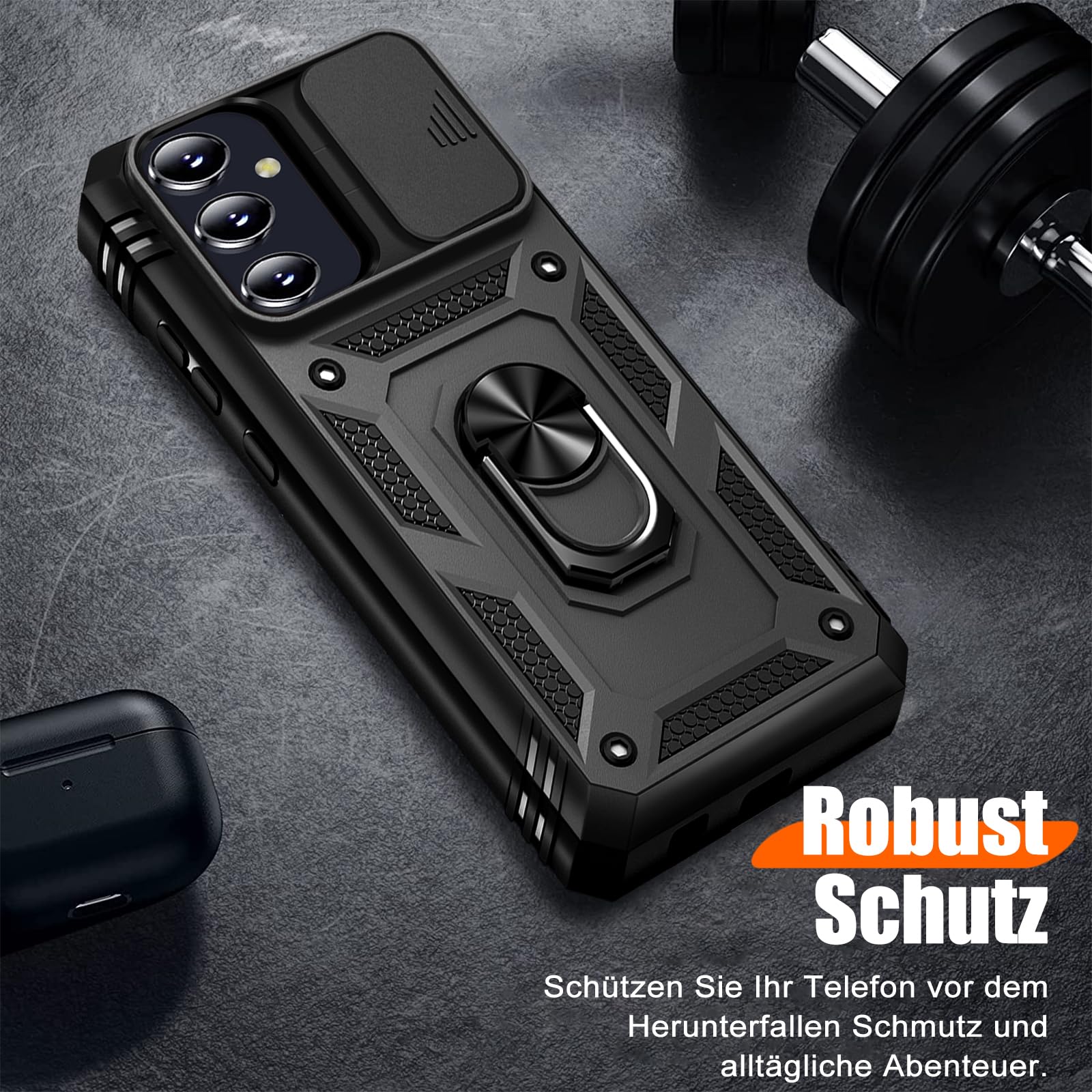 Giyer Cover per Samsung Galaxy A35 5G Custodia con Vetro Temperato, Antiurto Grado Militare 360° Anello Supporto Armor Bumper Case, Antiurto per Samsung A35 5G Cover (Nero)