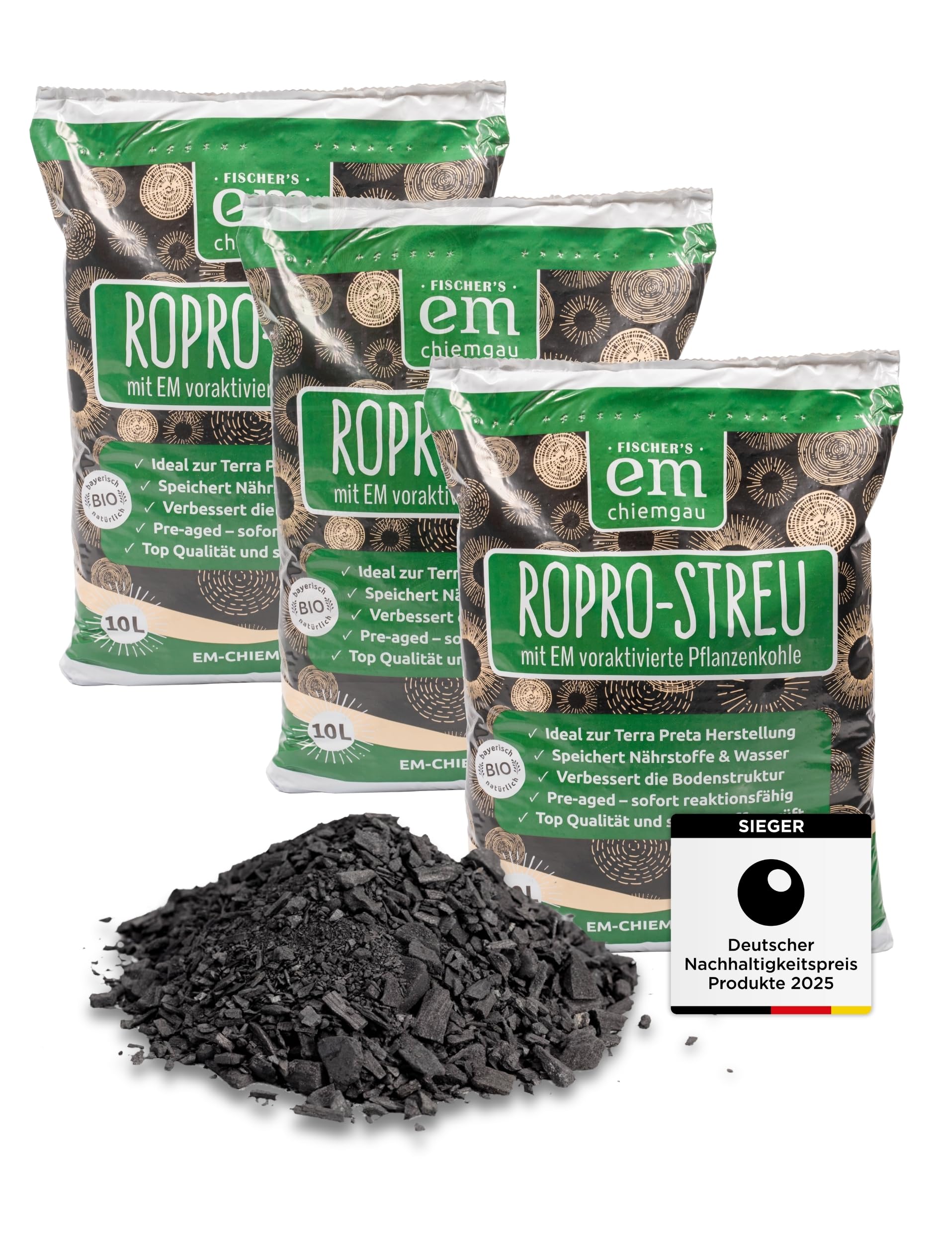 EM-Chiemgau RoPro Pflanzenkohle - Wurzelaktivator Bodenaktivator & Kompostbeschleuniger [Voraktiviert mit Effektiven Mikroorganismen] für Terra Preta, Bokashi, Humusaufbau, Garten & Stall (3 x 10 L)