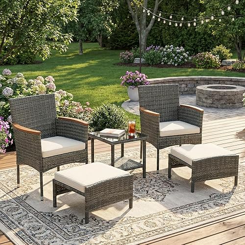 5 PCS Outdoor Patio Furniture Set with Table&Ottoman Outdoor Furniture Patio Set Bistro Wicker Patio Set (Gray Wicker& Basic Cushion, 5PC - 2 Chair + 2 Ottoman + 1 Table)