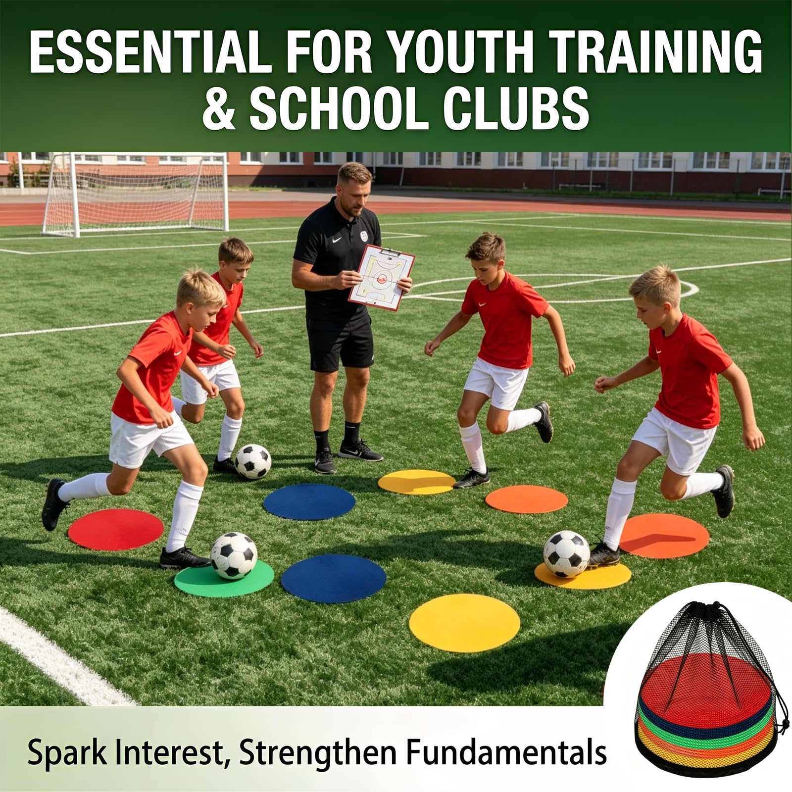 20 Markierungsscheiben 23 cm flach rutschfest - Fußball Hütchen flach 5 Farben - Trainingsmarker Set für Fußball Training Sportplatz Schule Verein Indoor Outdoor