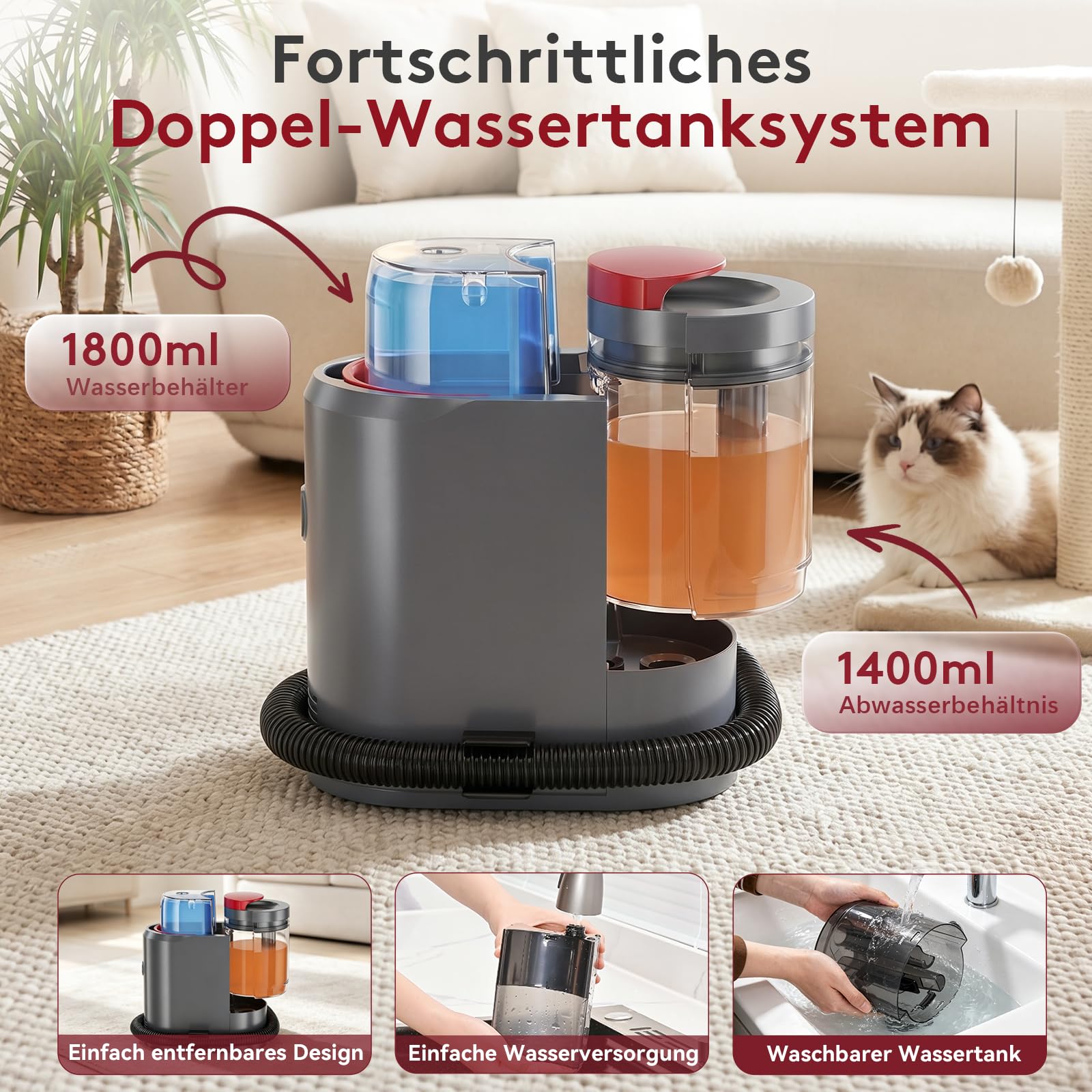 Nasssauger Polsterreiniger Gerät,600 W– 22 kPa Teppichreiniger Waschsauger,Tragbares Teppich-Reinigungsgerät mit Selbstreinigung und langem Schlauch für Sofas,Teppiche & Auto-Innenräume