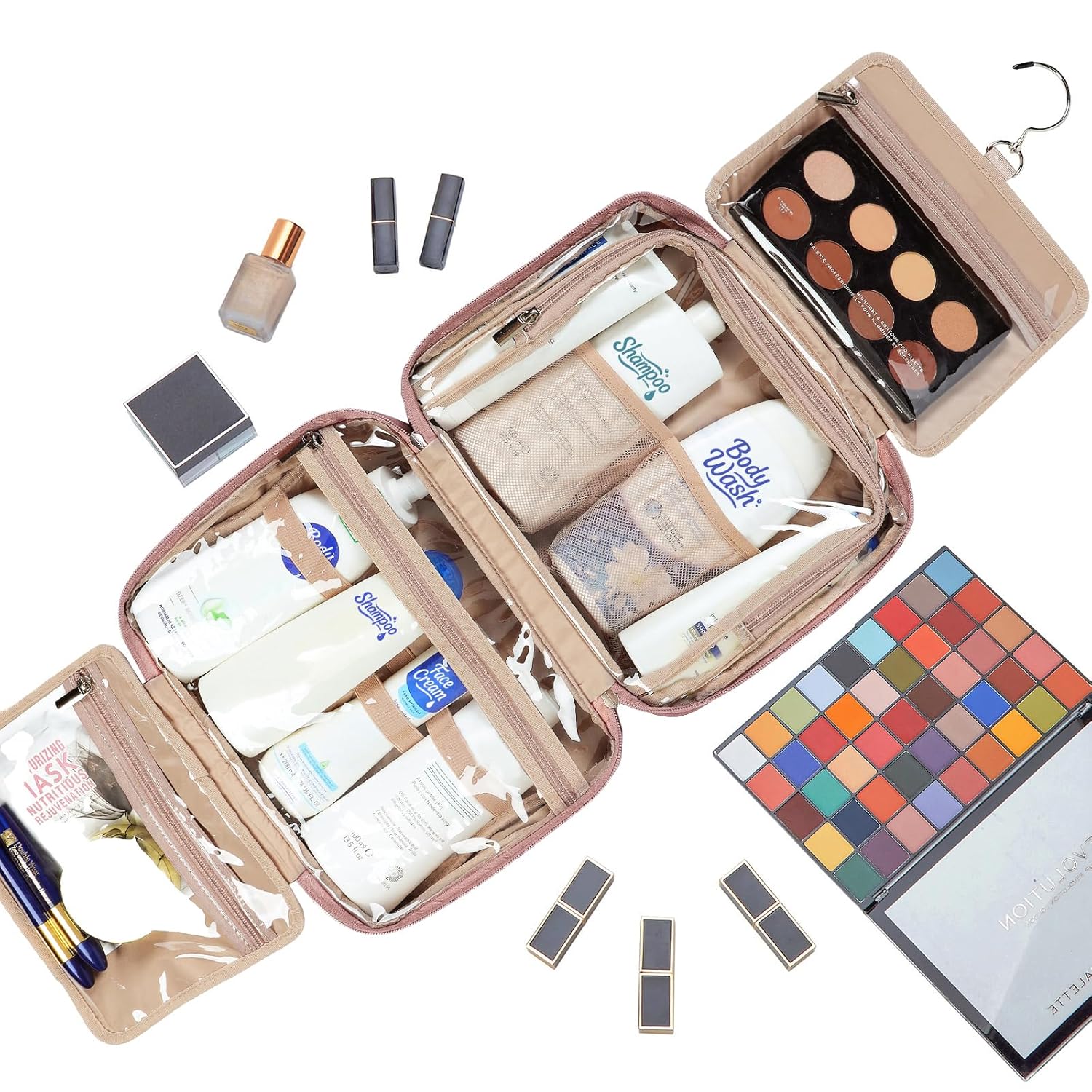 NISHEL Travel Toiletry Bag for Women, Makeup Essentials Organizer, Hanging Case for Accessories, Cosmetics, Large Size, Rosewood-Pink - Image 6