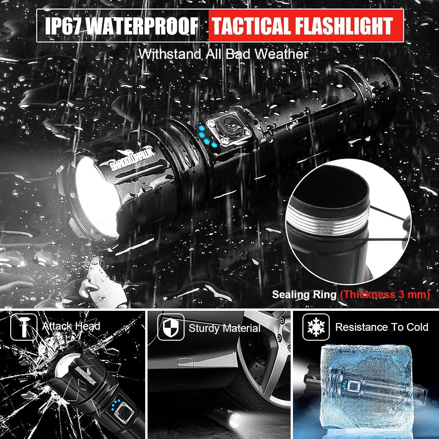 Shadowhawk flashlight being sprayed with water, highlighting its IP67 waterproof rating and durable construction