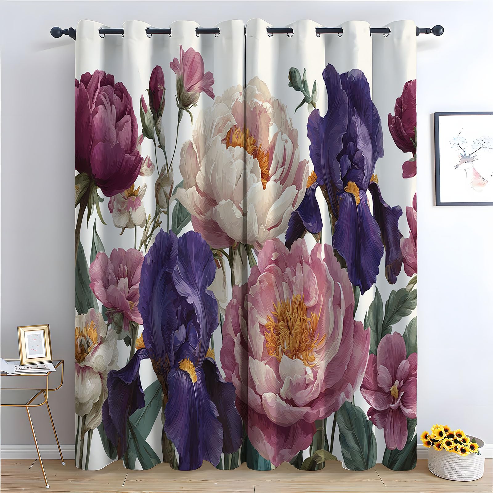 TERUEA Curtains for Spring Scenery Retro white pink purple peony iris green leaf elegant Textured Farmhouse Curtains Leaf Printed Rustic Drapes Window Treatment-52 W x 108" L (Pack of 2)