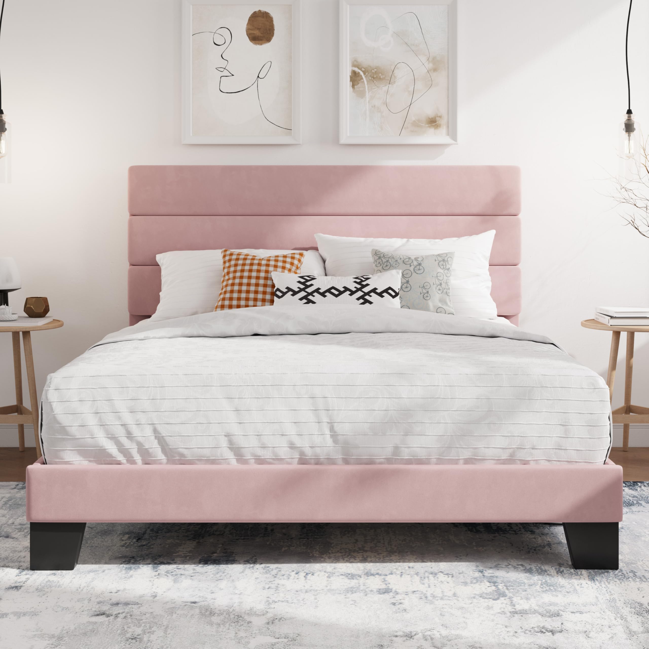 SHA CERLIN Full Platform Bed Frame with Upholstered Velvet Headboard, Pink