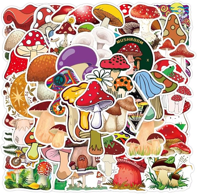 Cute Mushroom Stickers Pack, NAVK 50Pcs Waterproof Vinyl Scrapbook Stickers Aesthetic for Skateboard Motorcycle Bicycle Phone Computer, DIY Wall Windows Decal for Children Adult