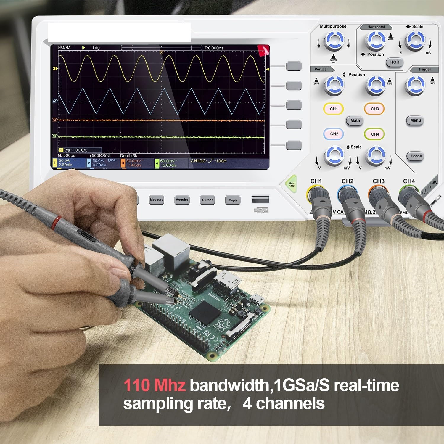 Digital Oscilloscope 2/4 Channels 110MhZ Bandwidth 1GS/s Sampling Rate 5mV/Div 7-inch TFT Storage Desktop Oscilloscope(DOS1104,EU)