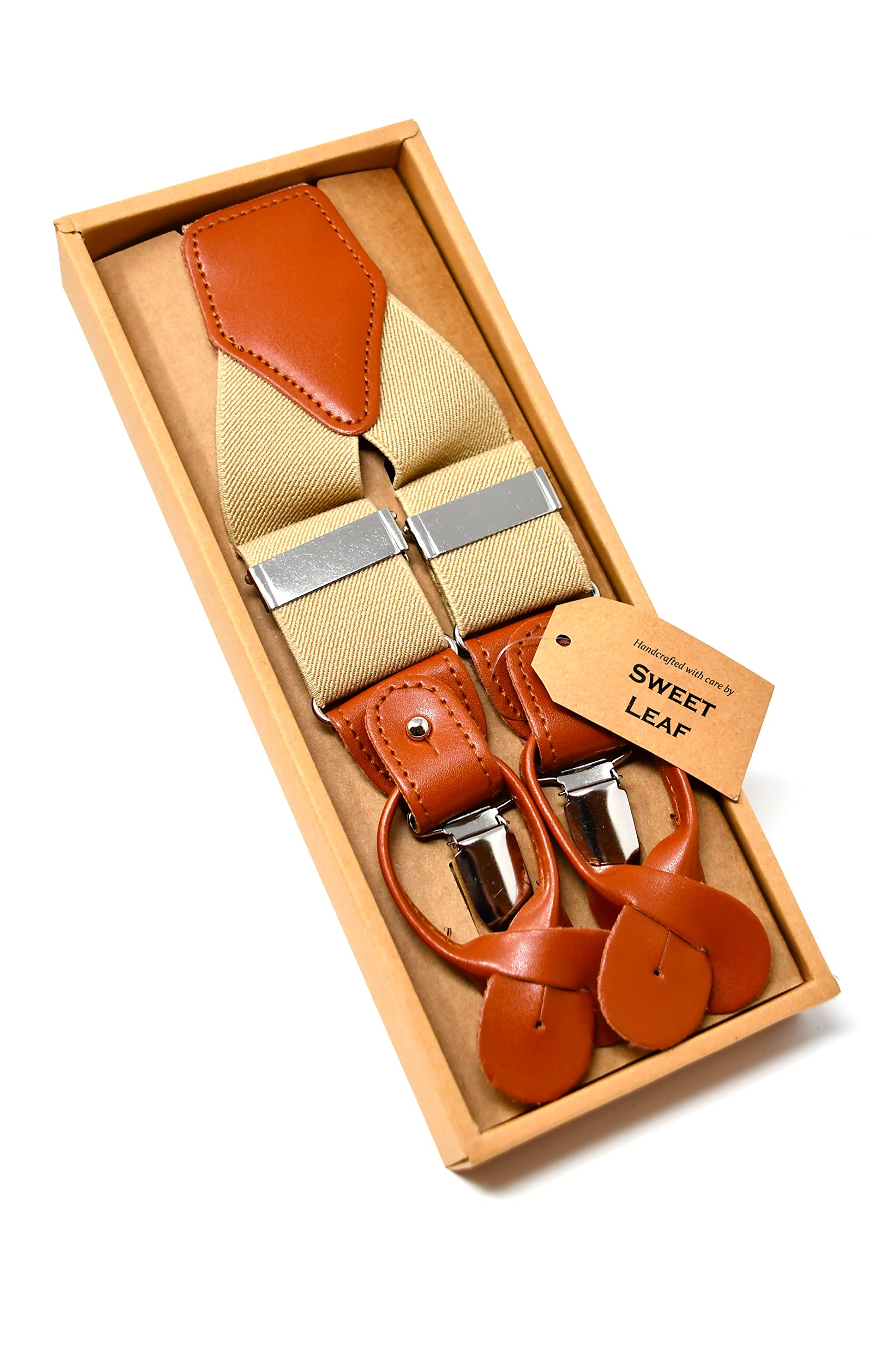 Sweet Leaf Bretelle Beige di alta qualità completamente Regolabili - 3 Clip o 6 Bottoni (personalizzabili)- Forma di Y - Classiche, Eleganti e Moderne
