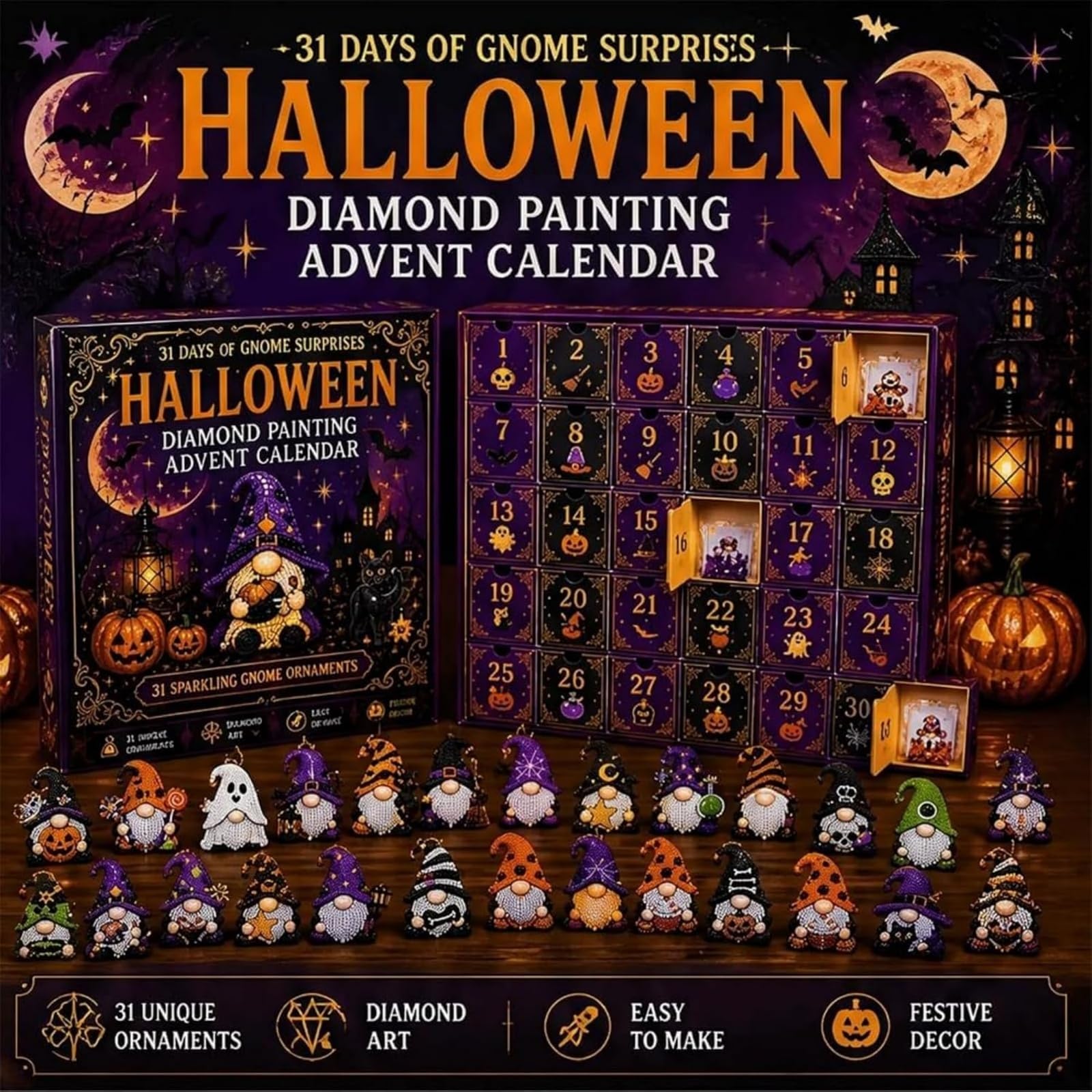 Calendario dell'Avvento con pittura con diamanti di Gnome Halloween | Kit Fai-da-Te con 31 Ornamenti a Forma di Gnomo, Set Completo di Diamond Painting con Strumenti e Perline, Regalo Creativo