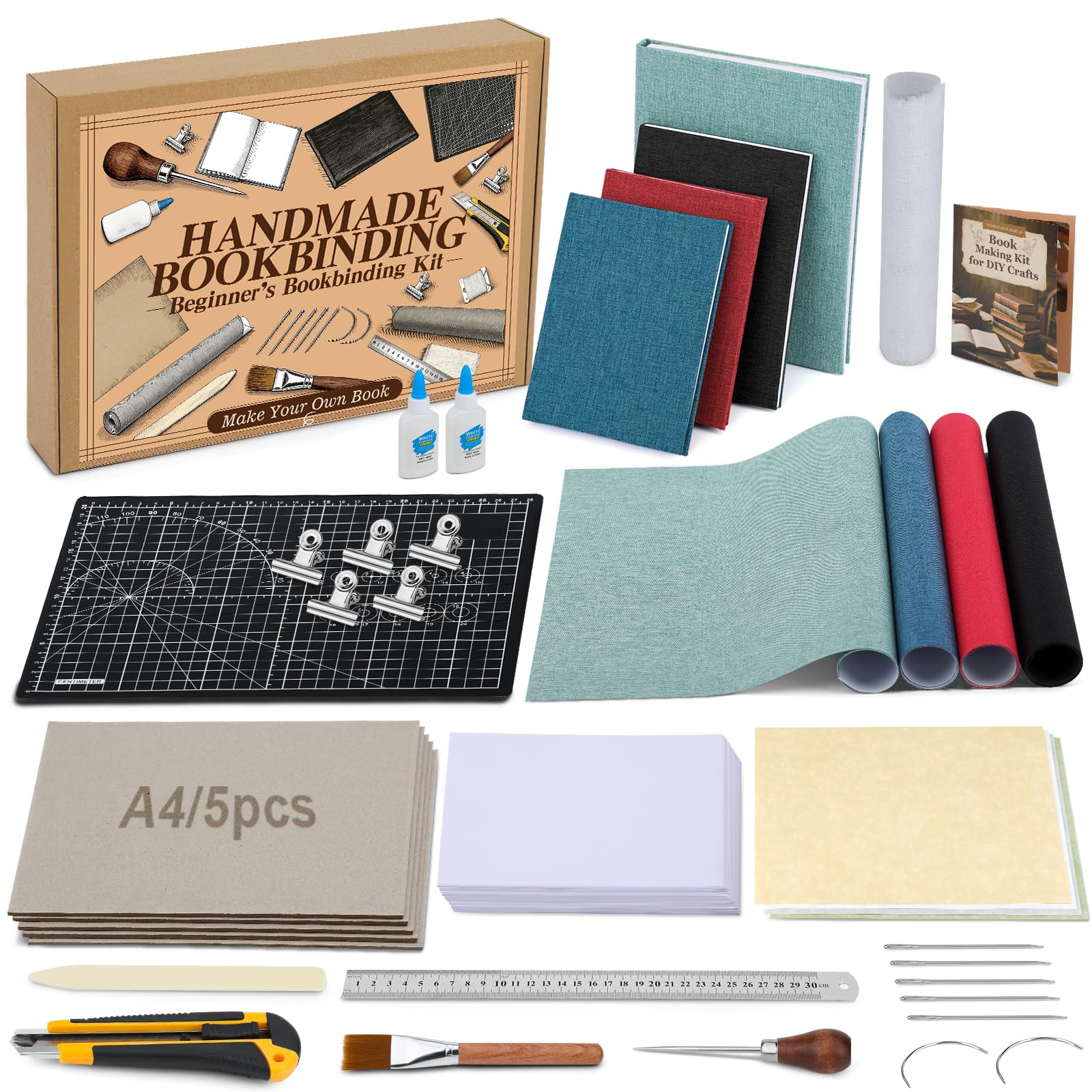 Jupean Kits de encuadernación de libros, materiales de encuadernación de libros con cartón A4, kit de fabricación de libros de tela de 4 colores, suministros de encuadernación con instrucciones y