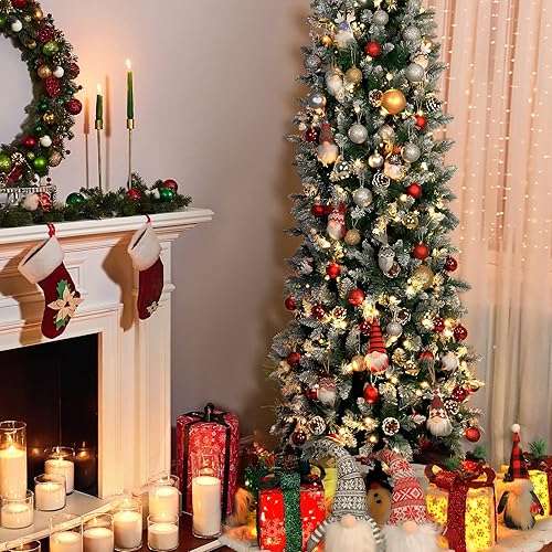 Miniatura 2 de Árbol de Navidad delgado preiluminado de 6 pies, árbol de Navidad artificial con luces blancas cálidas, árbol de Navidad delgado de copo de nieve