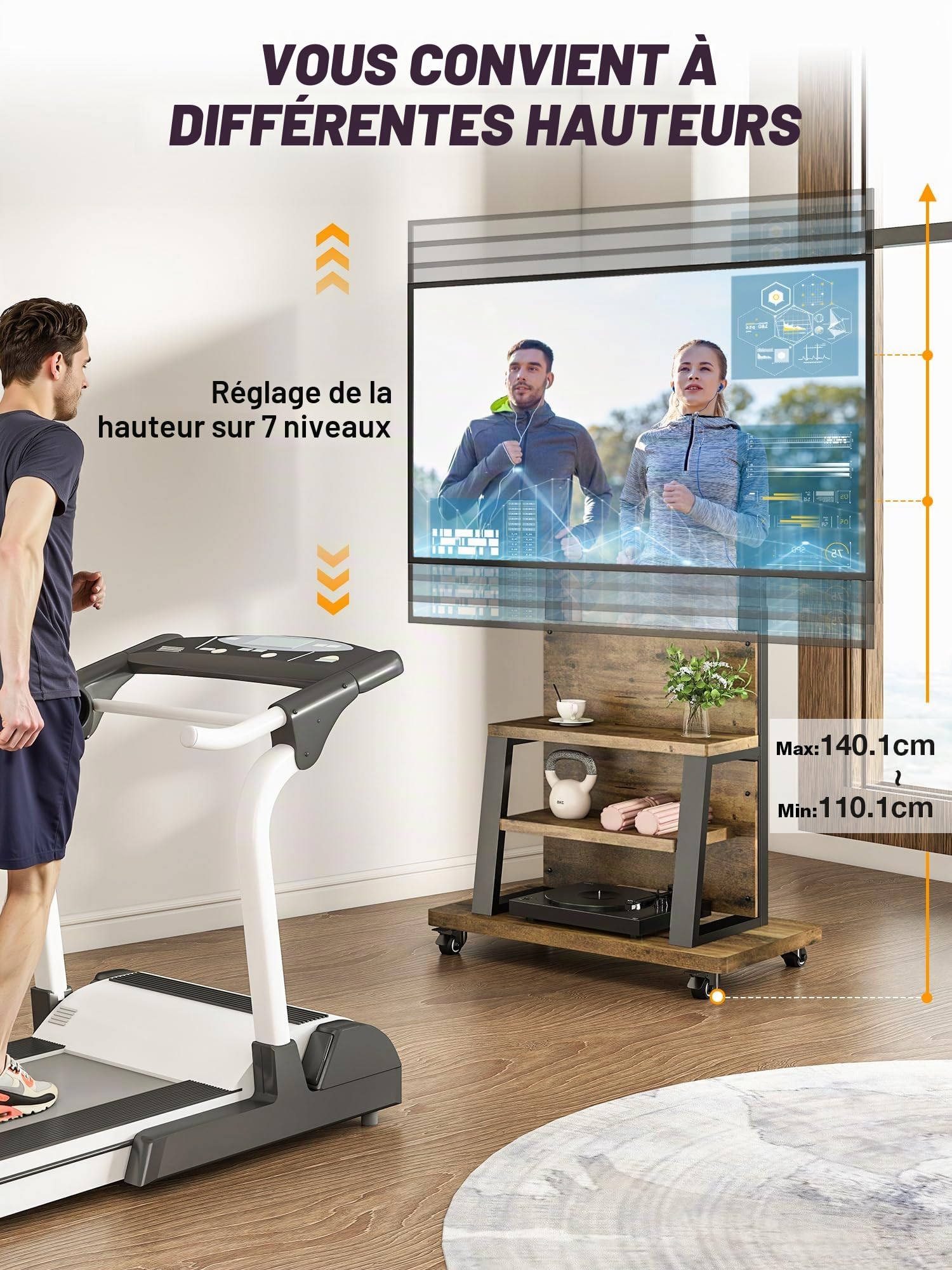Support de télévision Roulant avec roulettes pour écrans de 32 à 75 Pouces, Support TV Roulette et Grand Espace de Stockage – Support TV sur Pied réglable en Hauteur, avec Une capacité Max de 68 kg