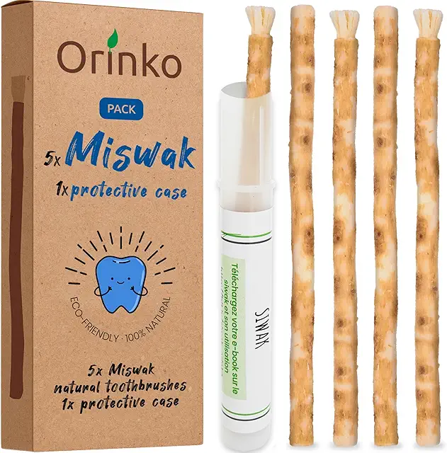 ORINKO Miswak Zahnbürste – 5er Set Natürliche Siwak Holz Zahnbürsten mit Haltern