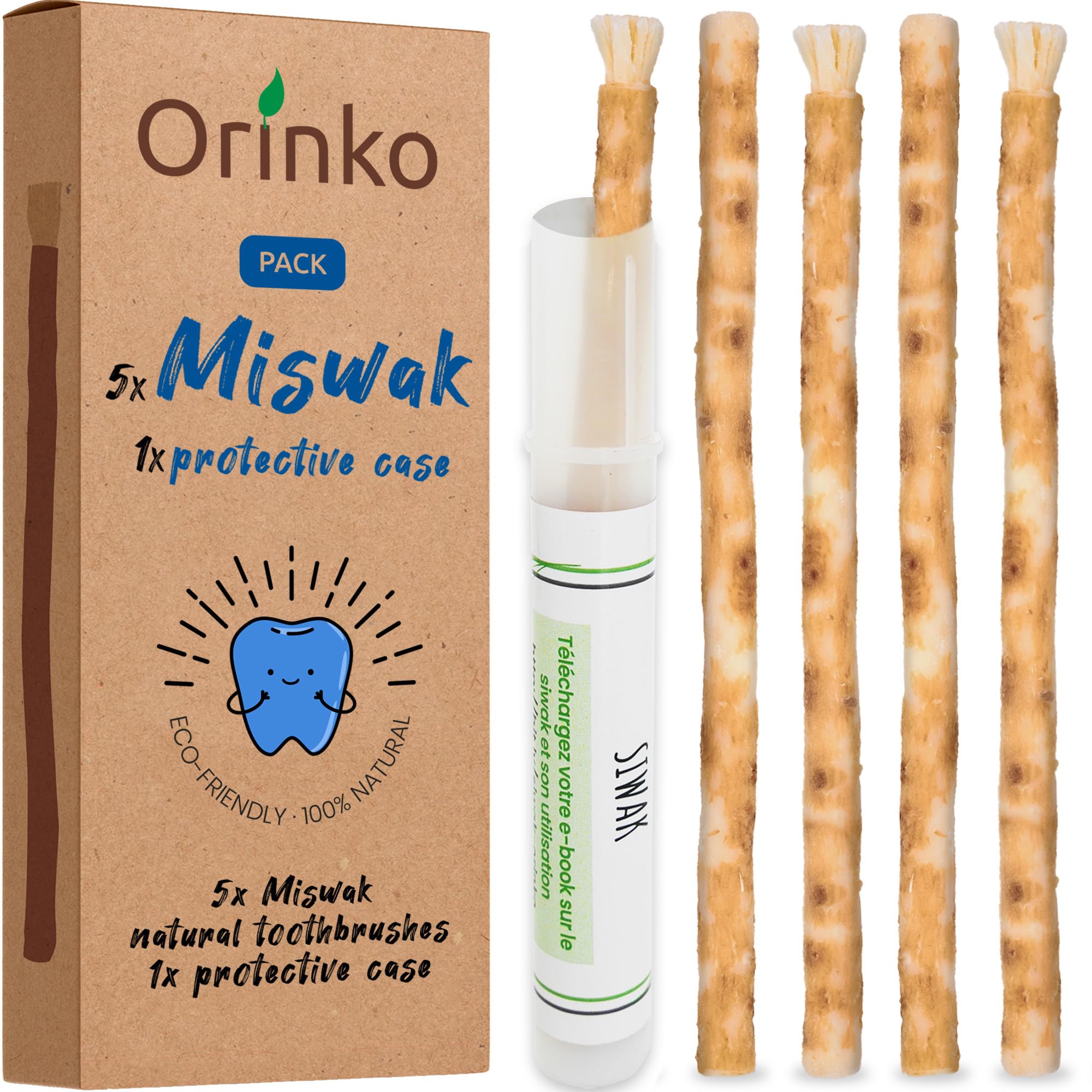 ORINKO® Miswak Stick x5 + 1 Holder - Natural Chewable Wooden Toothbrush for Oral Hygiene - Organic Miswak Dental Tool for Fresh Breath - Reusable Miswak for Teeth Whitening and Healthy Smiles