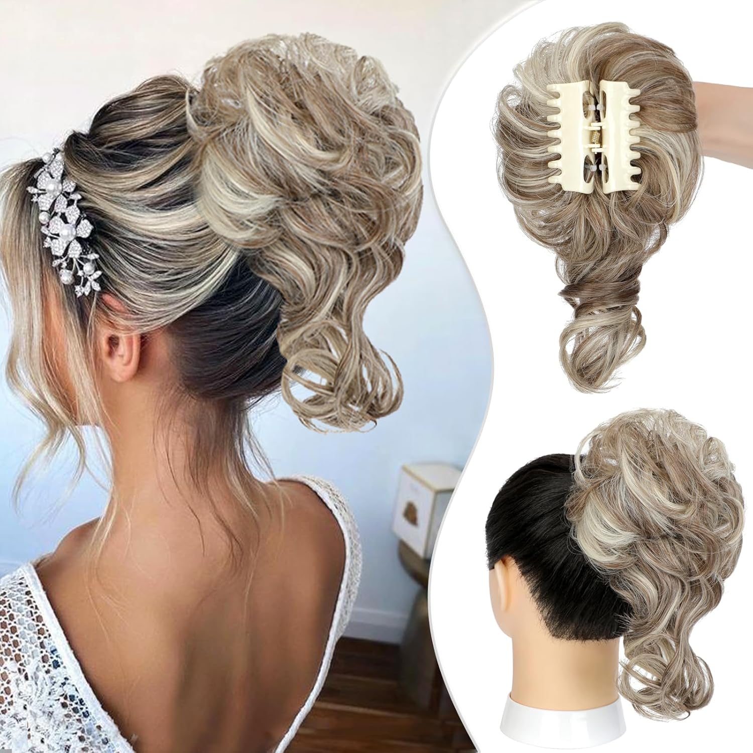 Pinza de pinza para cabello desordenado, moño ondulado y rizado para cola de caballo, marrón claro y rubio decolorado