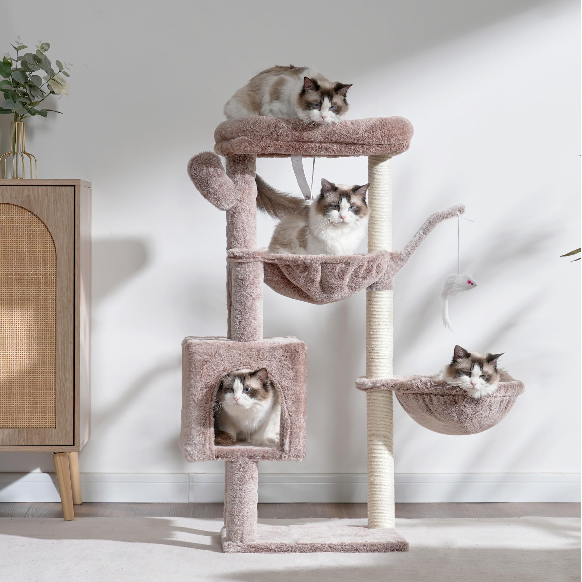 Heybly Albero Tiragraffi per Gatti, 100 cm Alto Con Grande Piattaforma In Cima, Grotta, 2 Amache, Giochi Per Gatti, Mobili Del Gatto, Tiragraffi Ad Alberi, Beige Marrone HCT006SMU